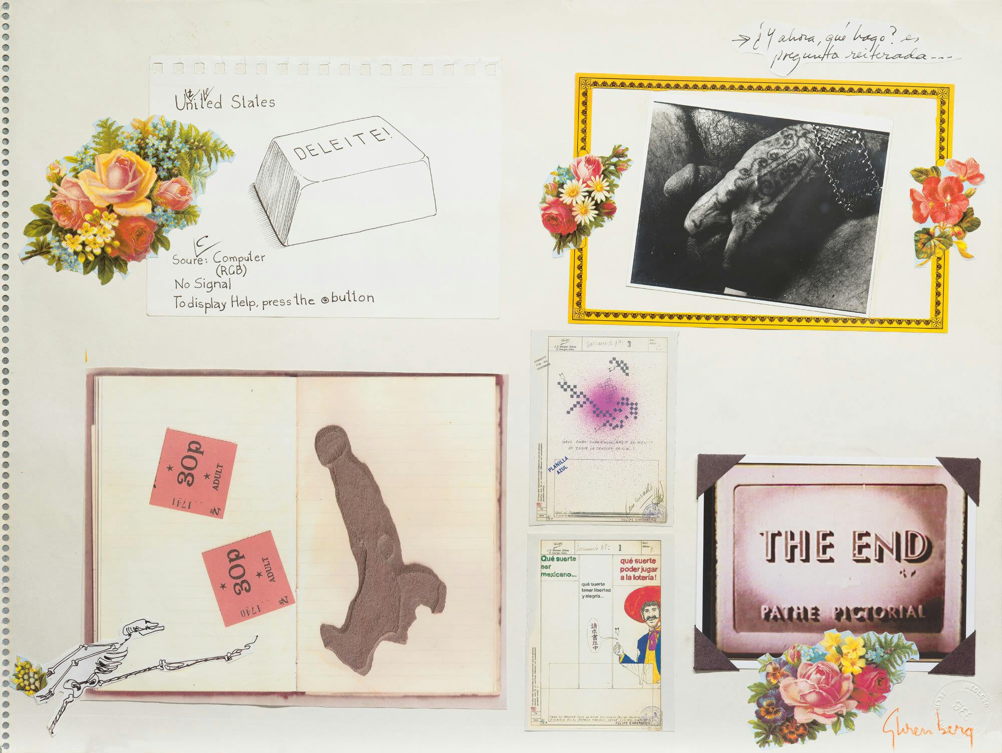 A collage showing photos and drawings, overlaid with floral stickers.