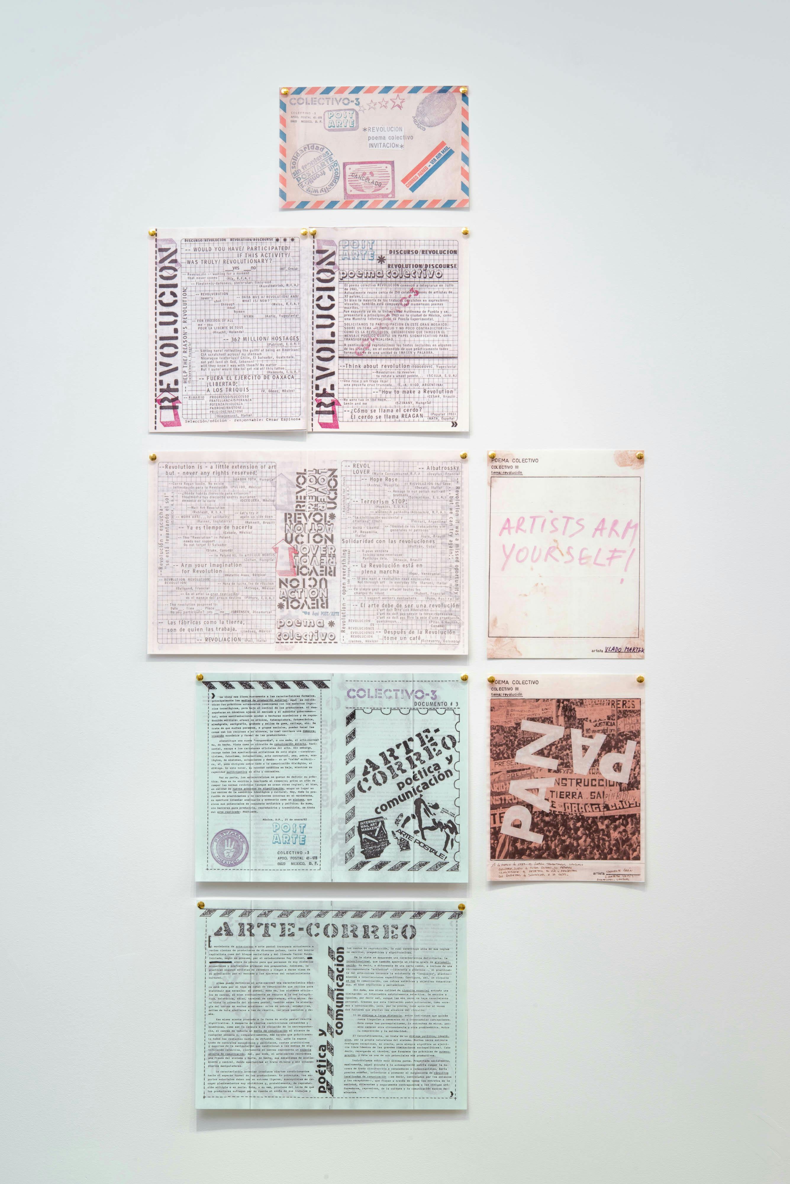 Image of Poema Colectivo Revolución exhibition showing a closer view collages of the same size on the gallery walls.