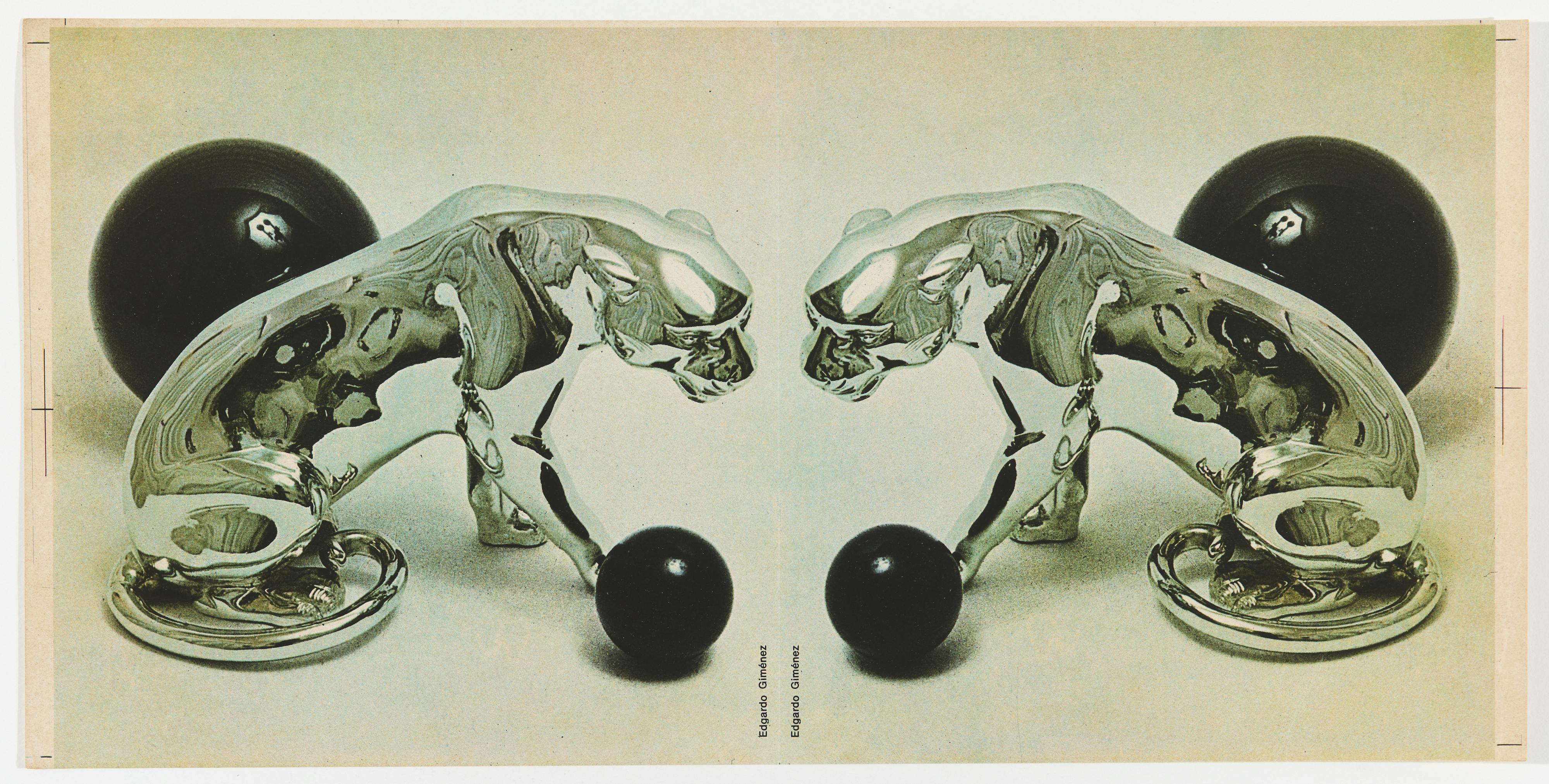 In this horizontal print, a still-life photograph is vertically mirrored, so that the objects within appear in full on both the left and right. In each image, a small and reflective black orb has been placed near the front paw of a chrome-plated statue of a panther, which sits in a crouching position with its tail wrapped around it. Behind the panther, a larger black orb appears over its back. The orb reflects a studio lighting apparatus. In the lower center of the print, displayed twice—once on either side of the line of reflection but notably not mirrored—the words "Edgardo Giménez" appear in small black type.