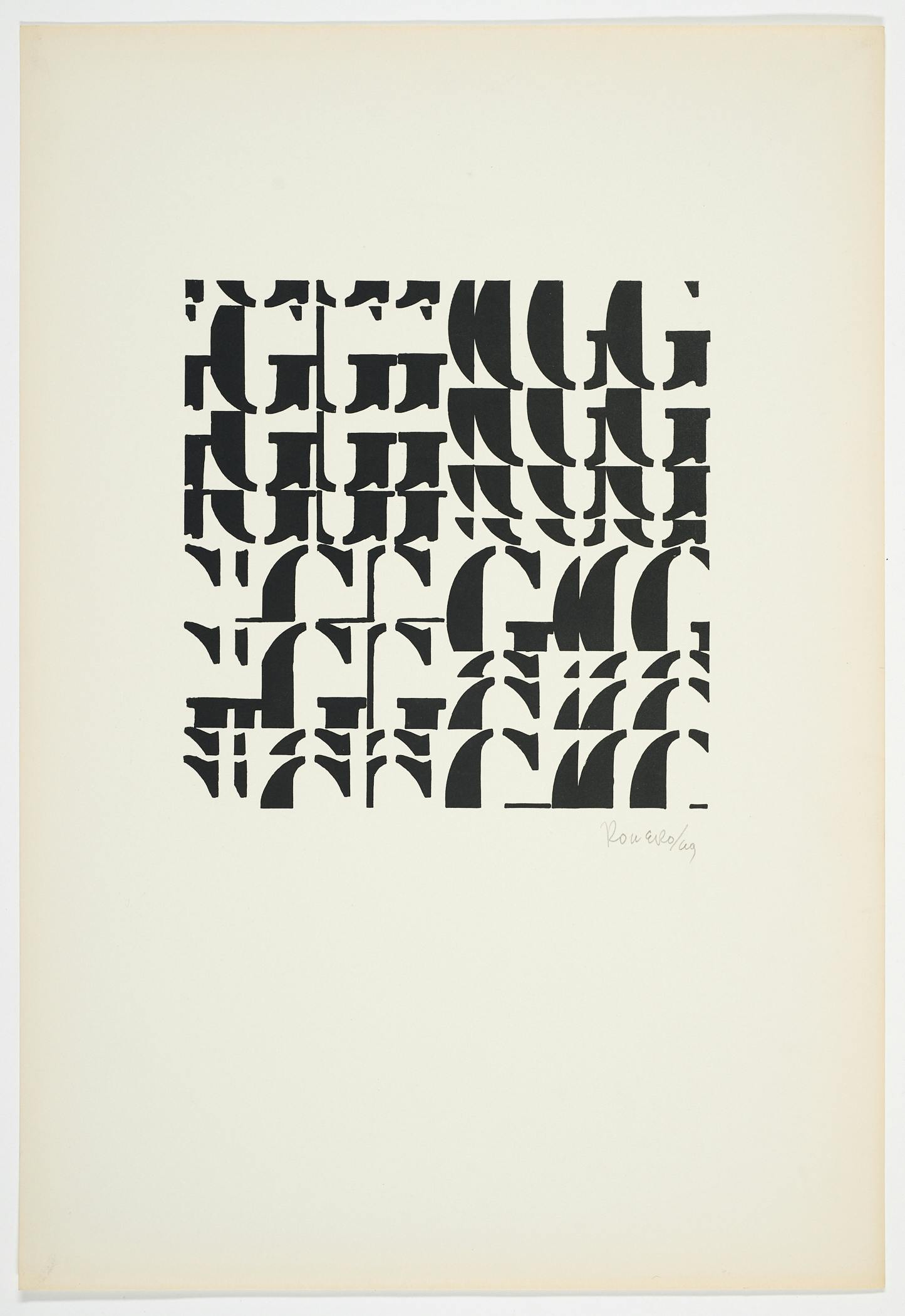 This work on paper features a square of typographic markings on an off-white background. Throughout the square, thin fragments of the letter G are printed in overlaid columns and rows.