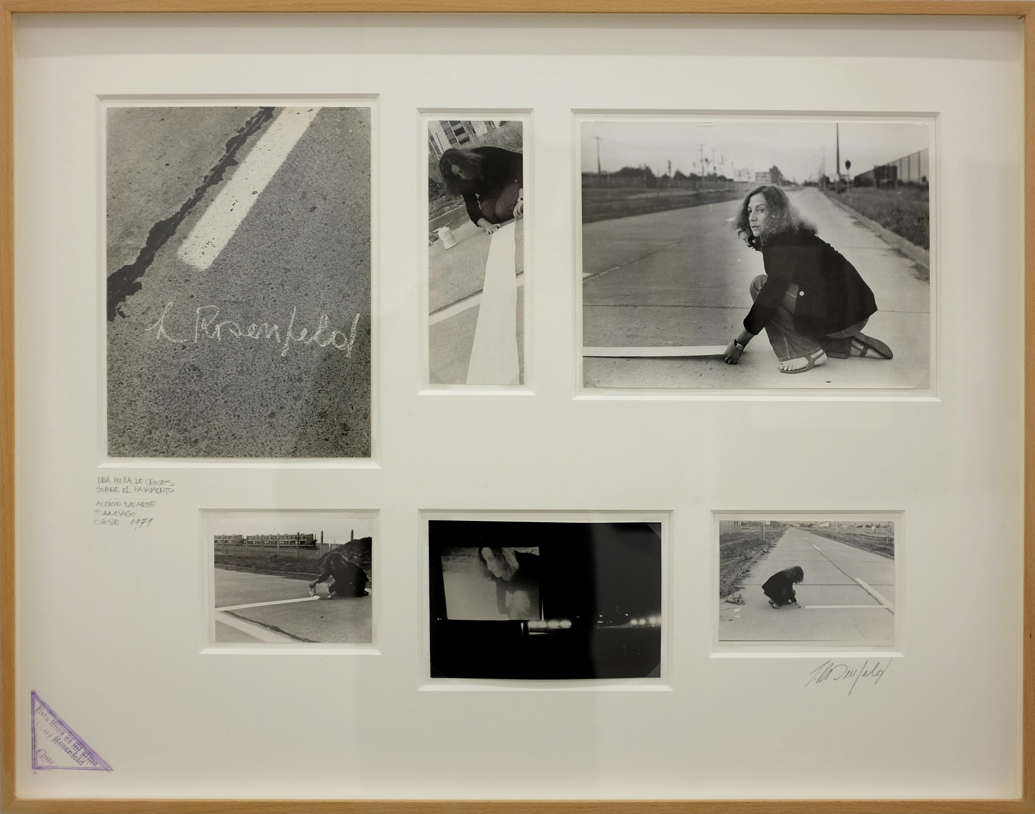 Six black and white images showing a woman painting a white line on a street.