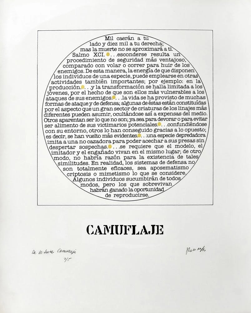 A series of four works on paper is laid out here in a grid. In the upper left corner, a square contains a circle of text above a stenciled caption reading “CAMUFLAJE.”