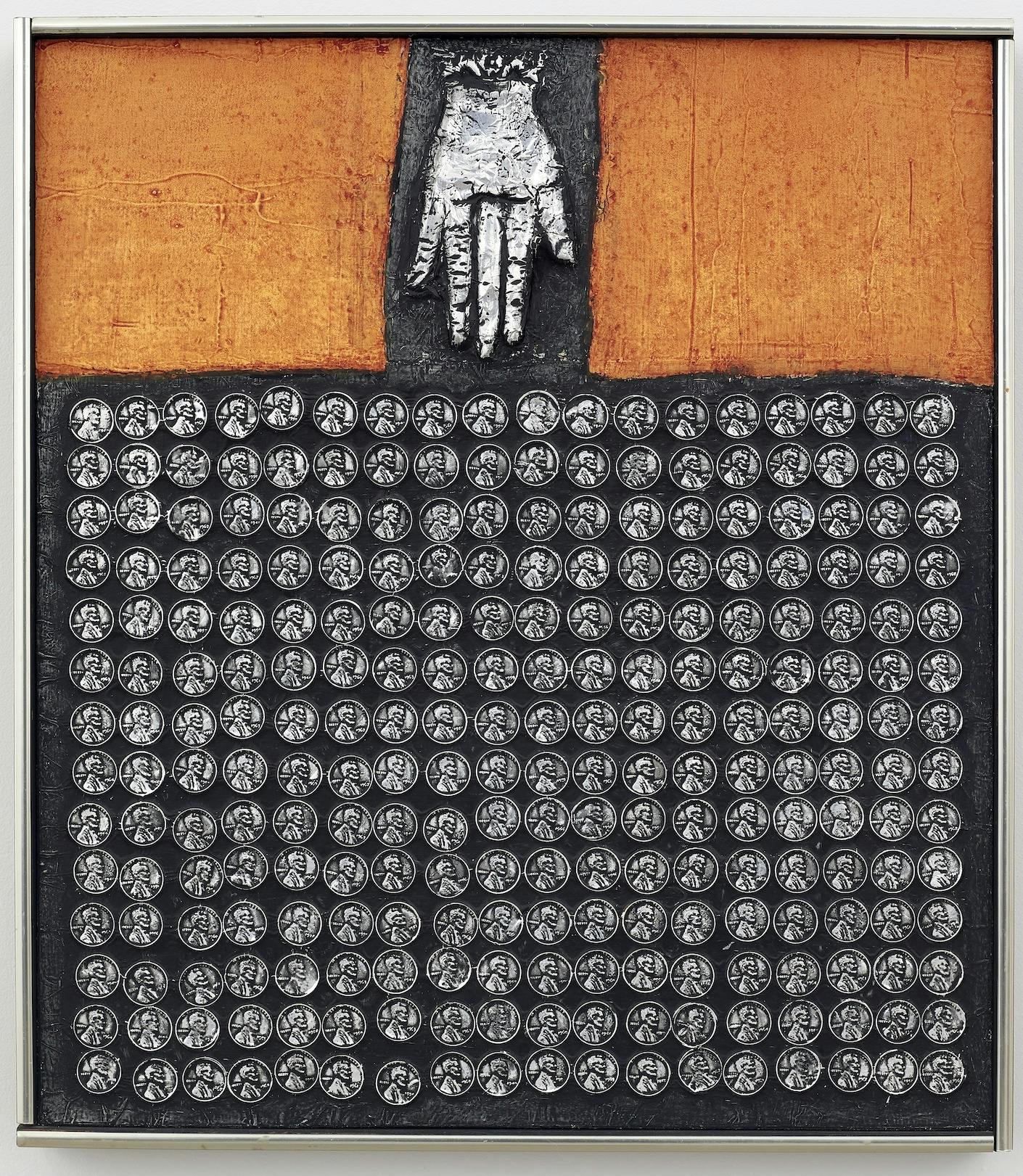 Aluminum foil painting by José Antonio Fernández-Muro of several pennies arranged in a grid.
