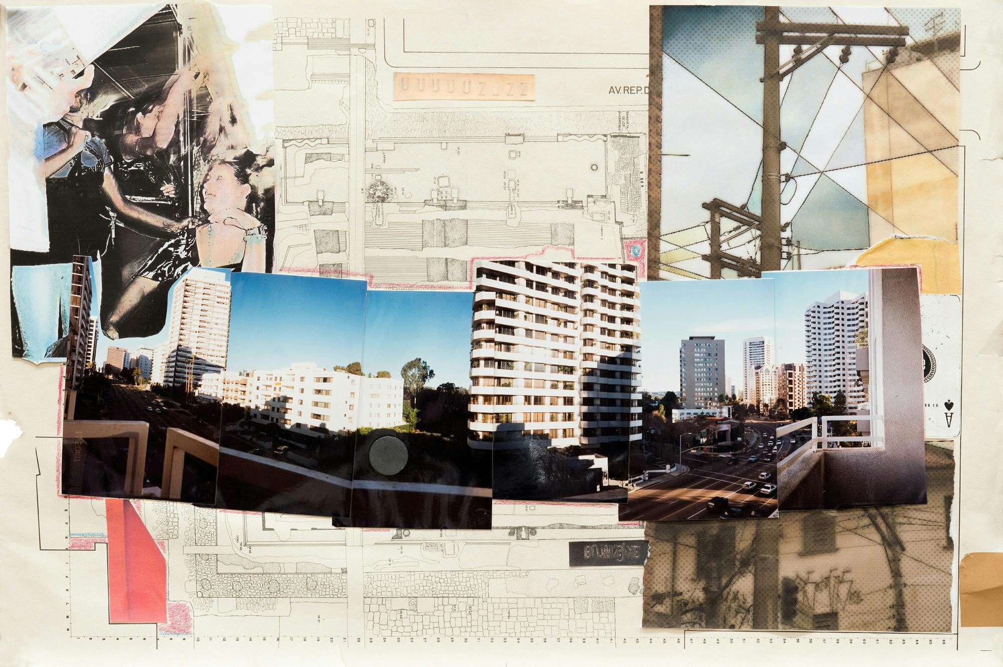 A collage showing fragments of building floor plans and photos of buildings.