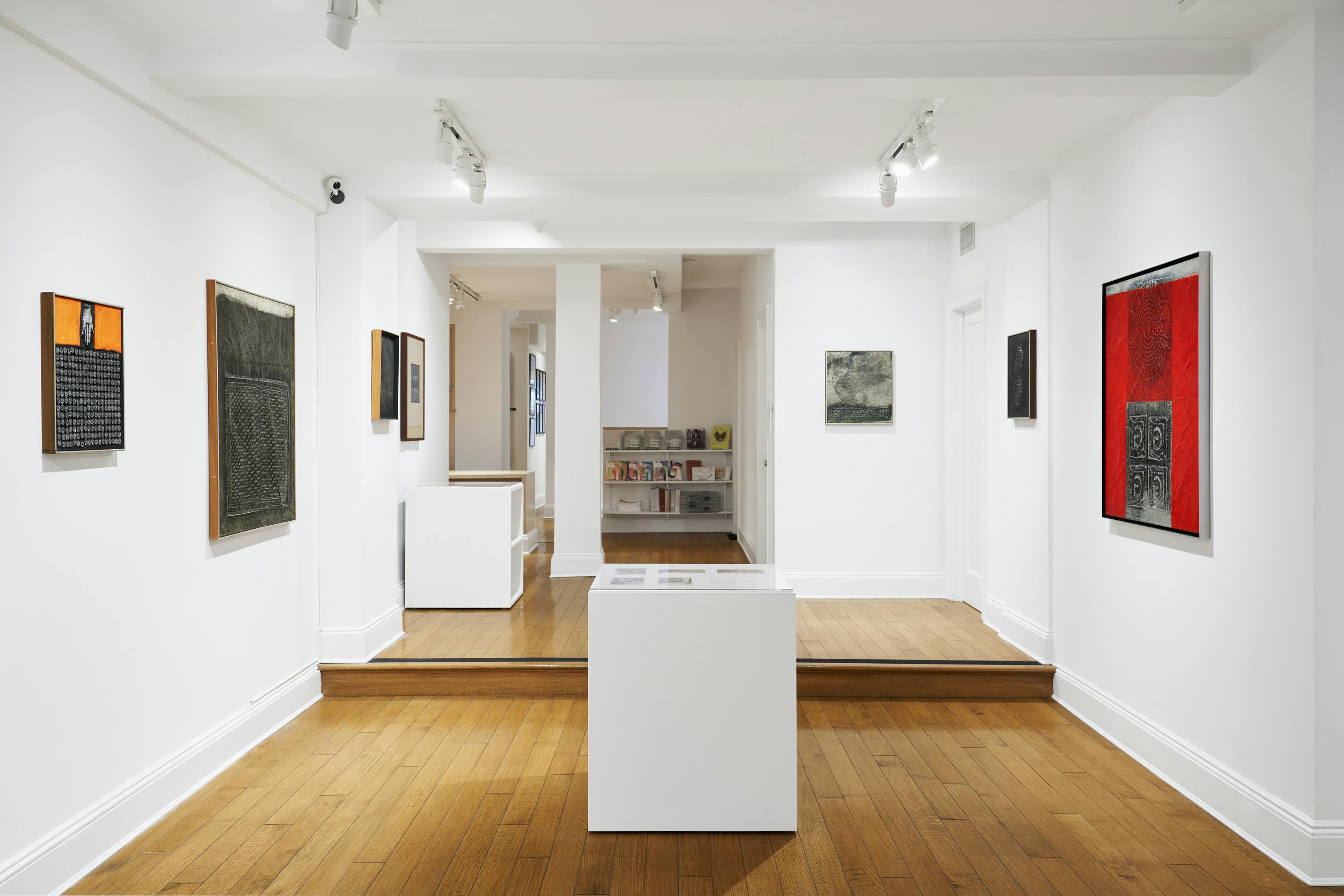 Installation view of José Antonio Fernández-Muro: Geometry in Transfer exhibition showing seven paintings and two vitrines.