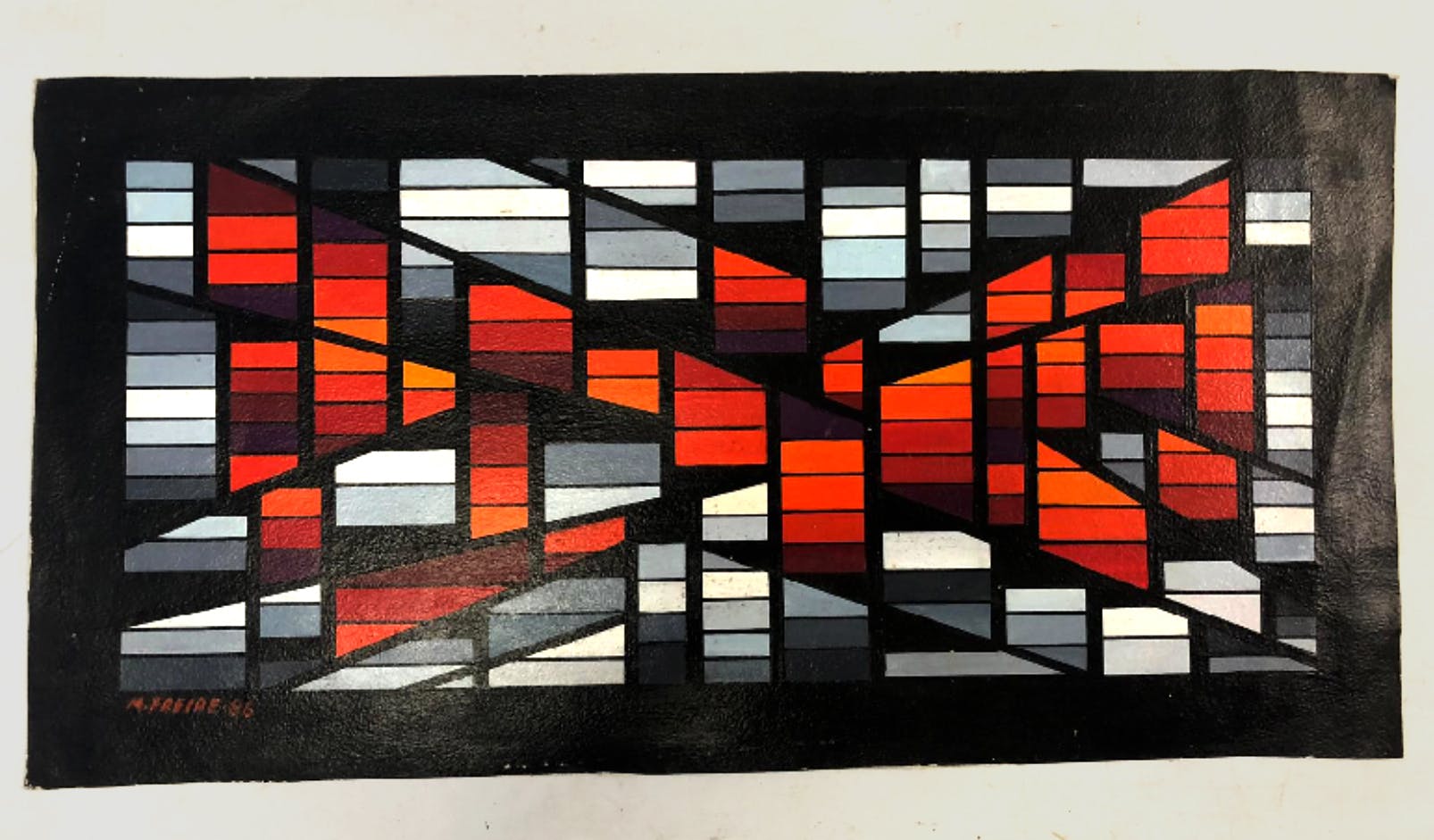 An abstract painting of red, orange, and grey rectangles.