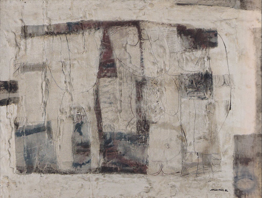 Mixed media abstract painting with white rectangular forms