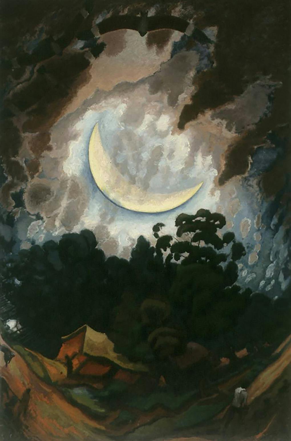 Painting of a new moon over landscape