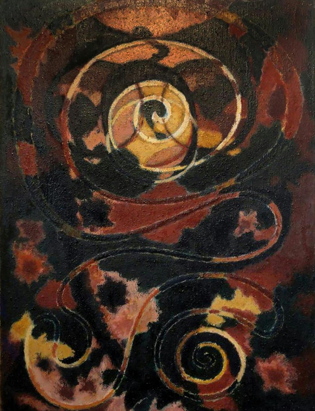 Abstract painting with spiral forms over red and black background