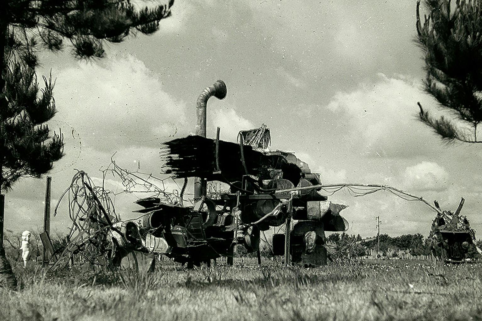 Black-and-white photograph of junk metal sculpture in nature