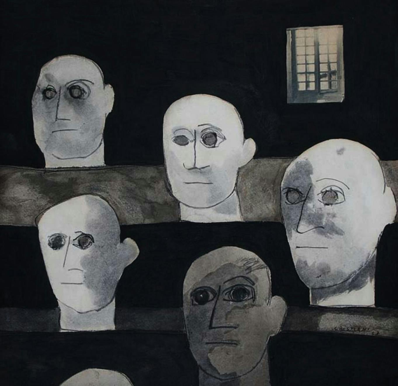 Collage of white heads floating in a black space