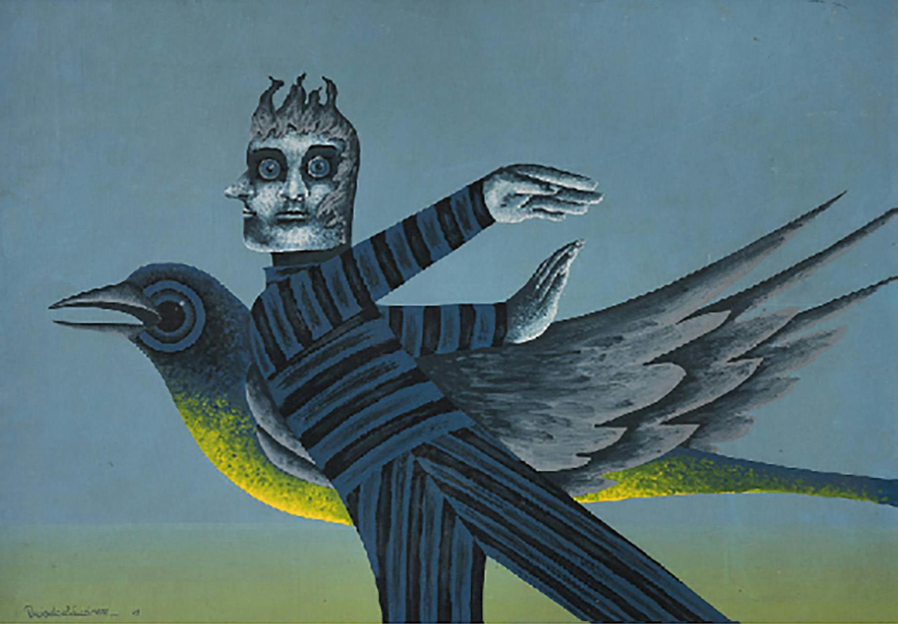 Painting of a man with a bird head next to a bird