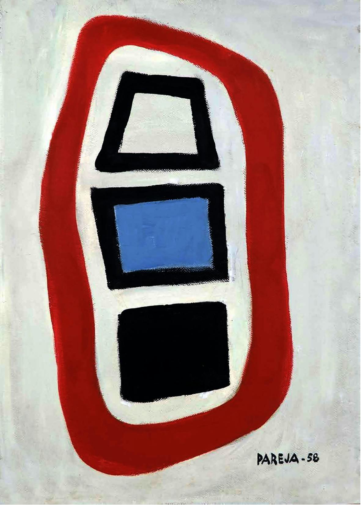 Biomorphic abstract painting of red and white blob and blue and black squares