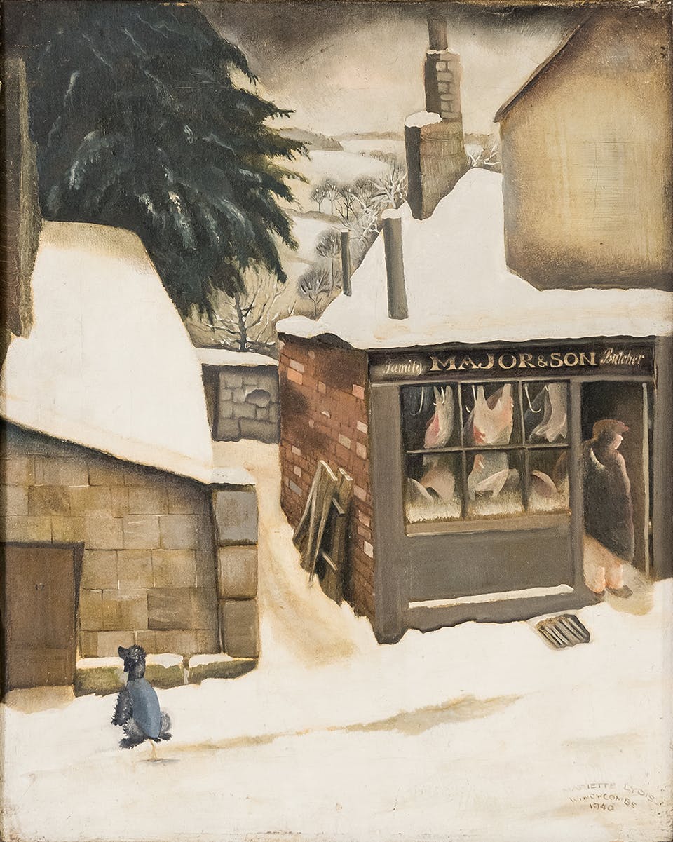 Painting of a butcher shop on street covered in snow 