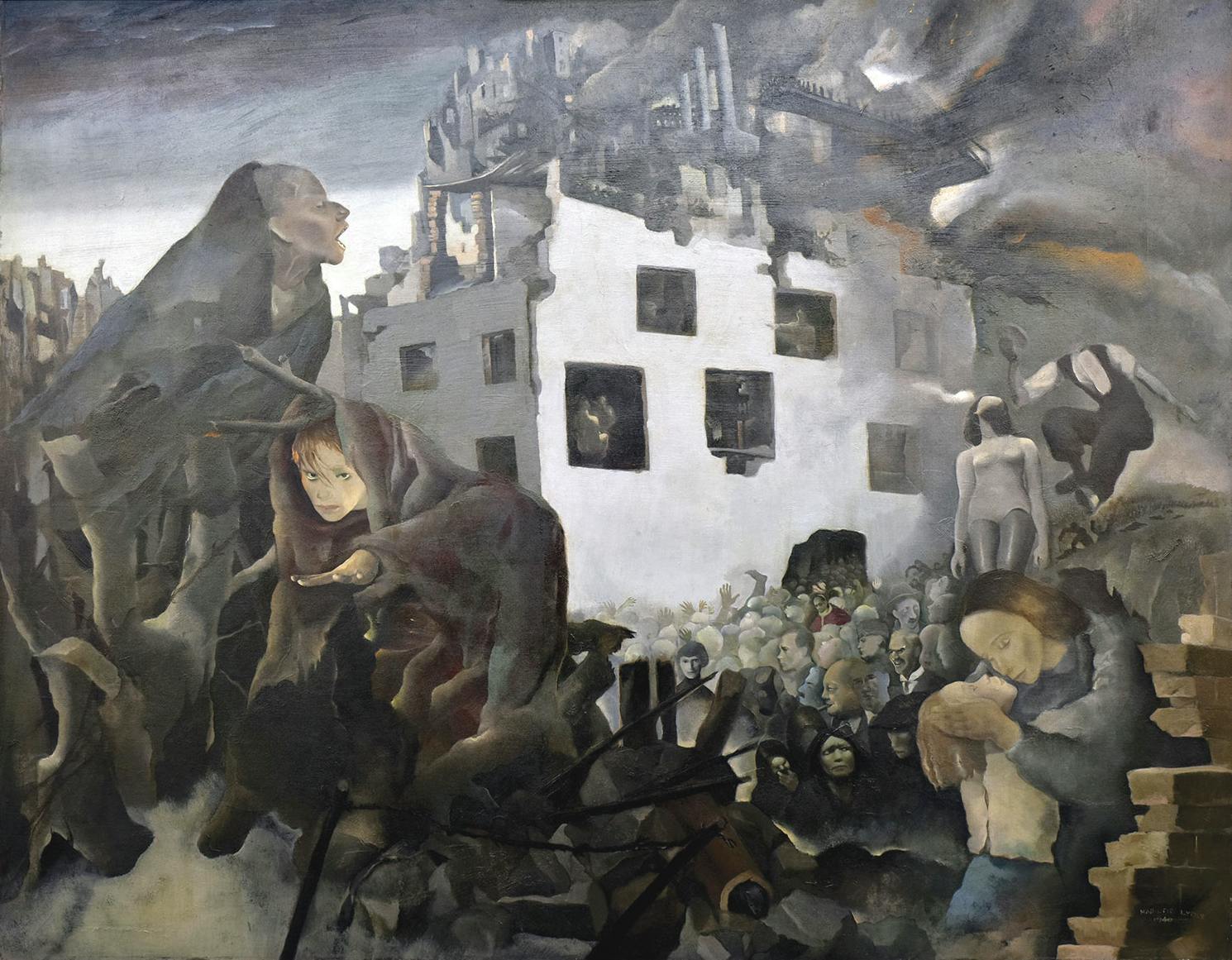 Painting showing the ruins of a house under the weight of an industrial city with families fleeing the smoke and debris