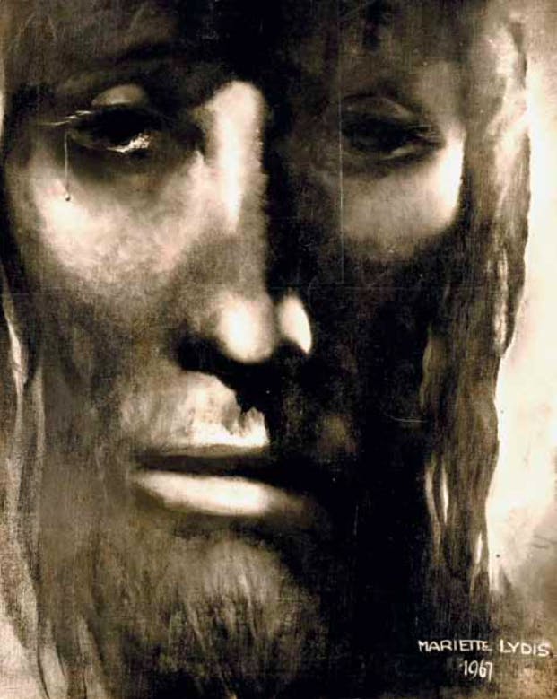 Black-and-white painting of the face of Jesus Christ