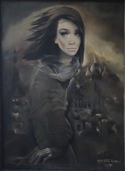 Grey-toned portrait of a young women before murky cityscape