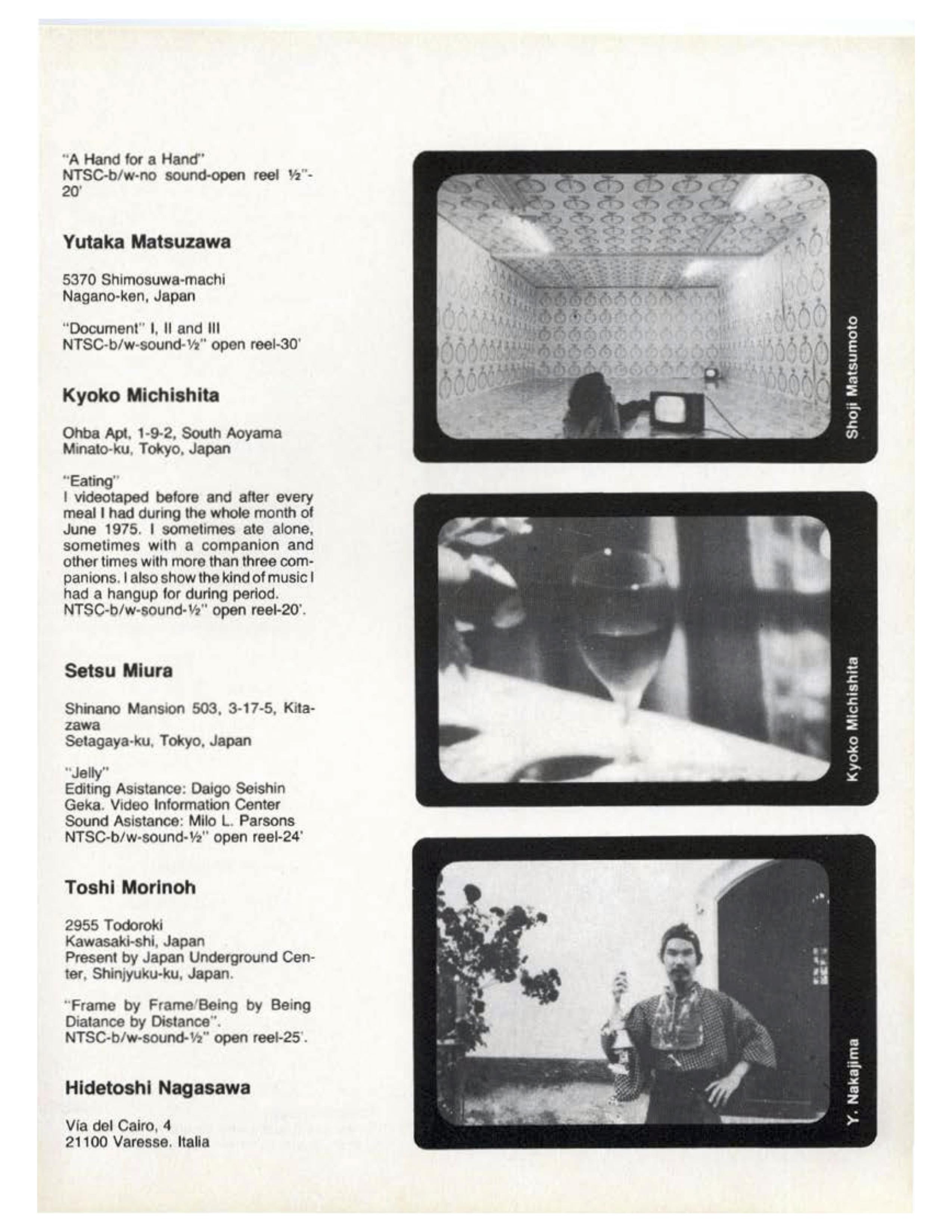 A page from the 1978 CAYC Japan Video Art Festival catalogue. The page shows still from three separate video projects. To the left, the names of several artists and their included works are listed. Under "Kyoko Michishita," the works listed include "Eating": "I videotaped before and after every meal I had during the whole month of June 1975. I sometimes ate alone, sometimes with a companion and other times with more than three companions. I also show the kind of music I had a hangup for during period. NTSC-b/w-sound-½" open reel-20'."