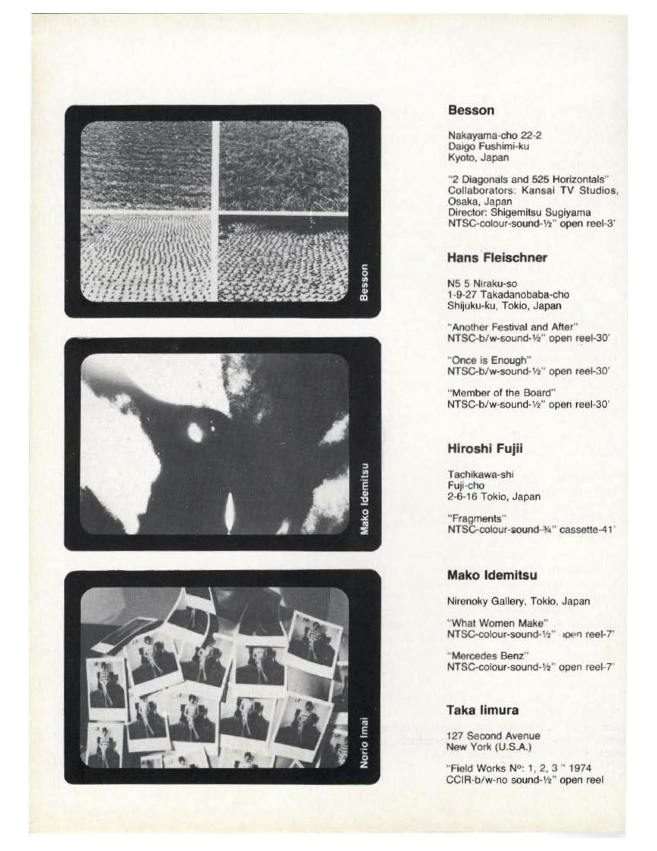 A page from the 1978 CAYC Japan Video Art Festival catalogue. The page shows still from three separate video projects. To the right, the names of several artists and their included works are listed. Under "Mako Idemitsu," the works listed are: "What Women Make" NTSC-colour-sound-½" iDen reel-7' and "Mercedes Benz" NTSC-colour-sound-½" open reel-7'