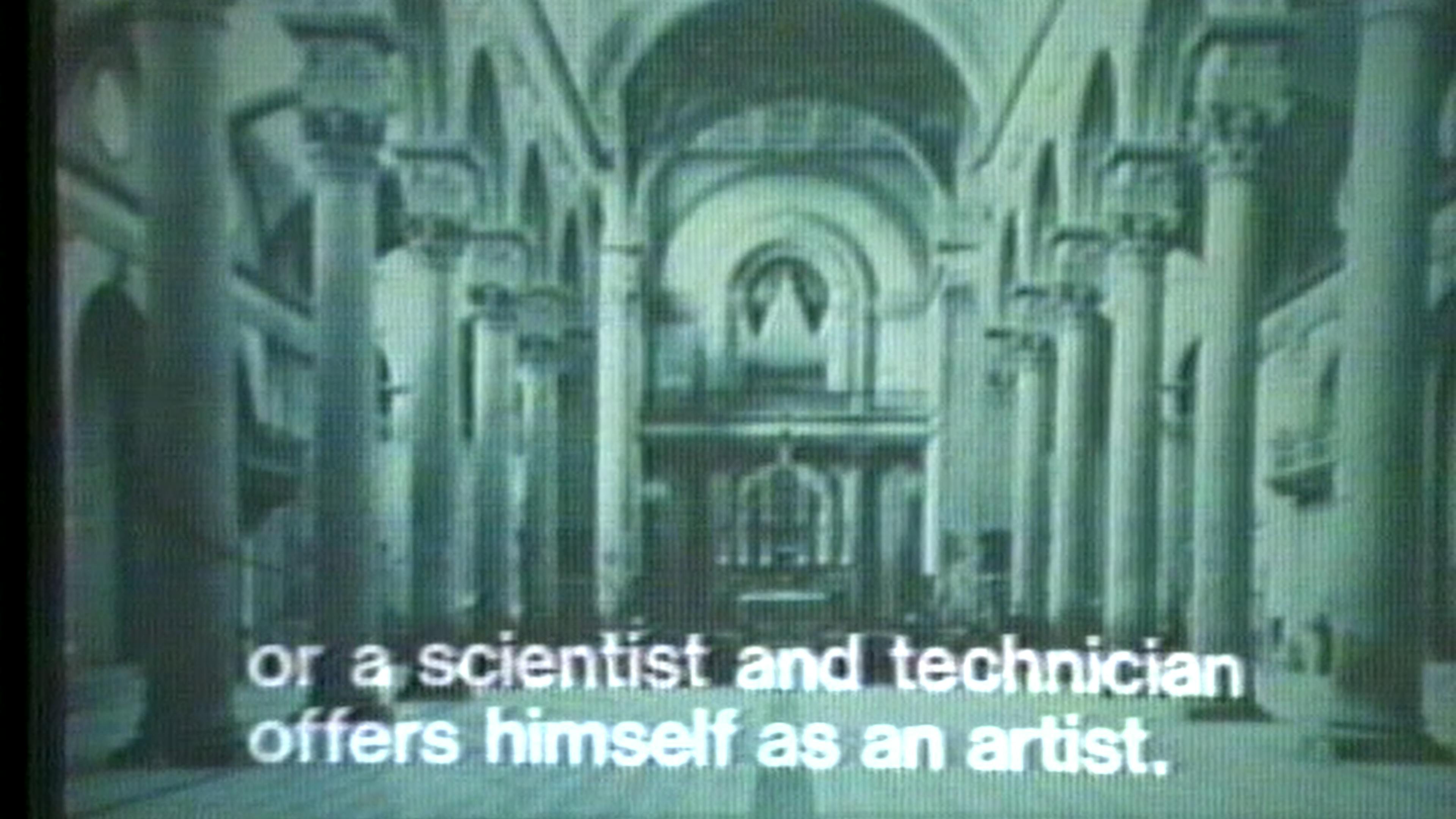 Black-and-white film still of church interior