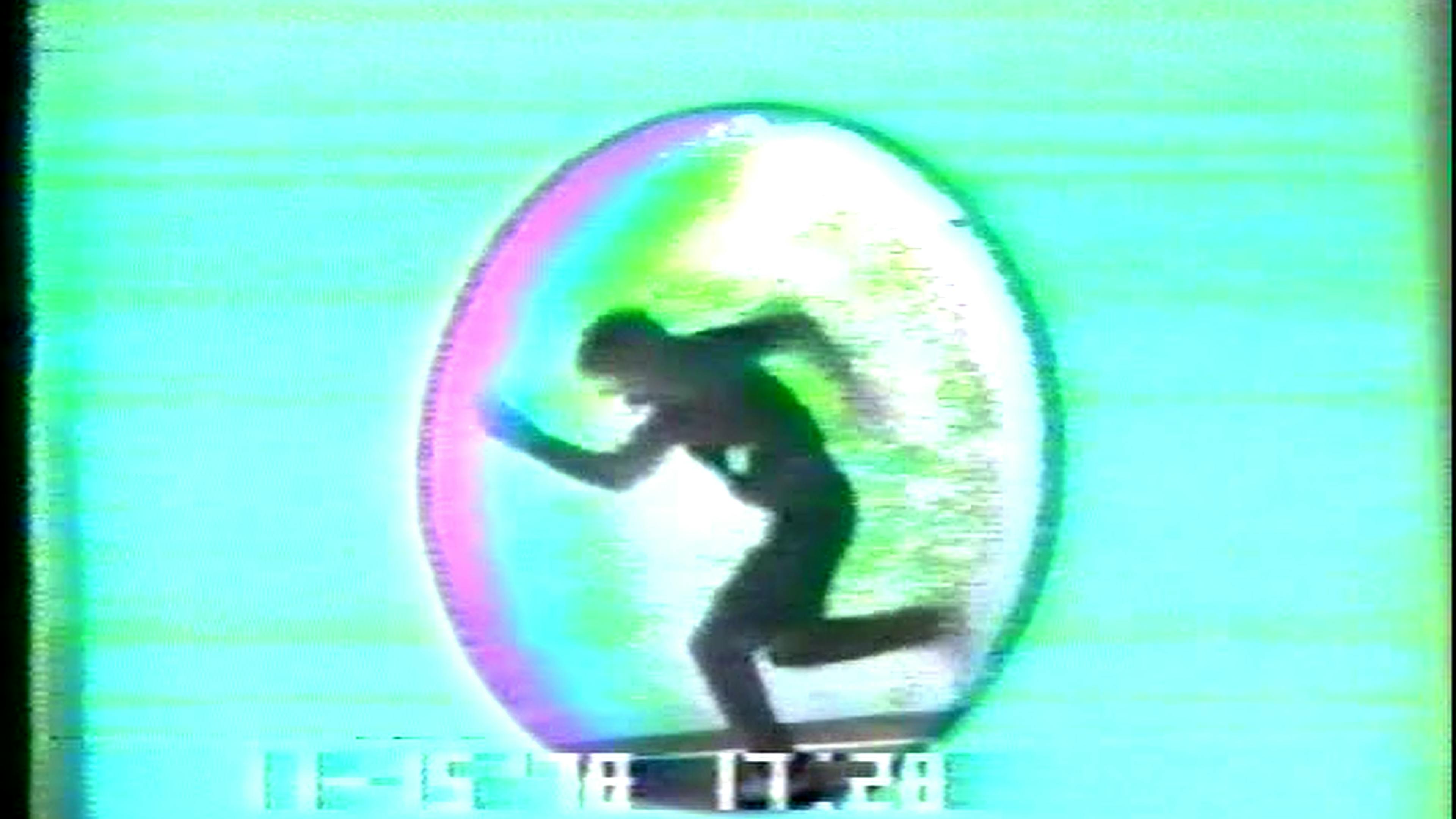 Film still of human figure running in black clothes with blue light hallo
