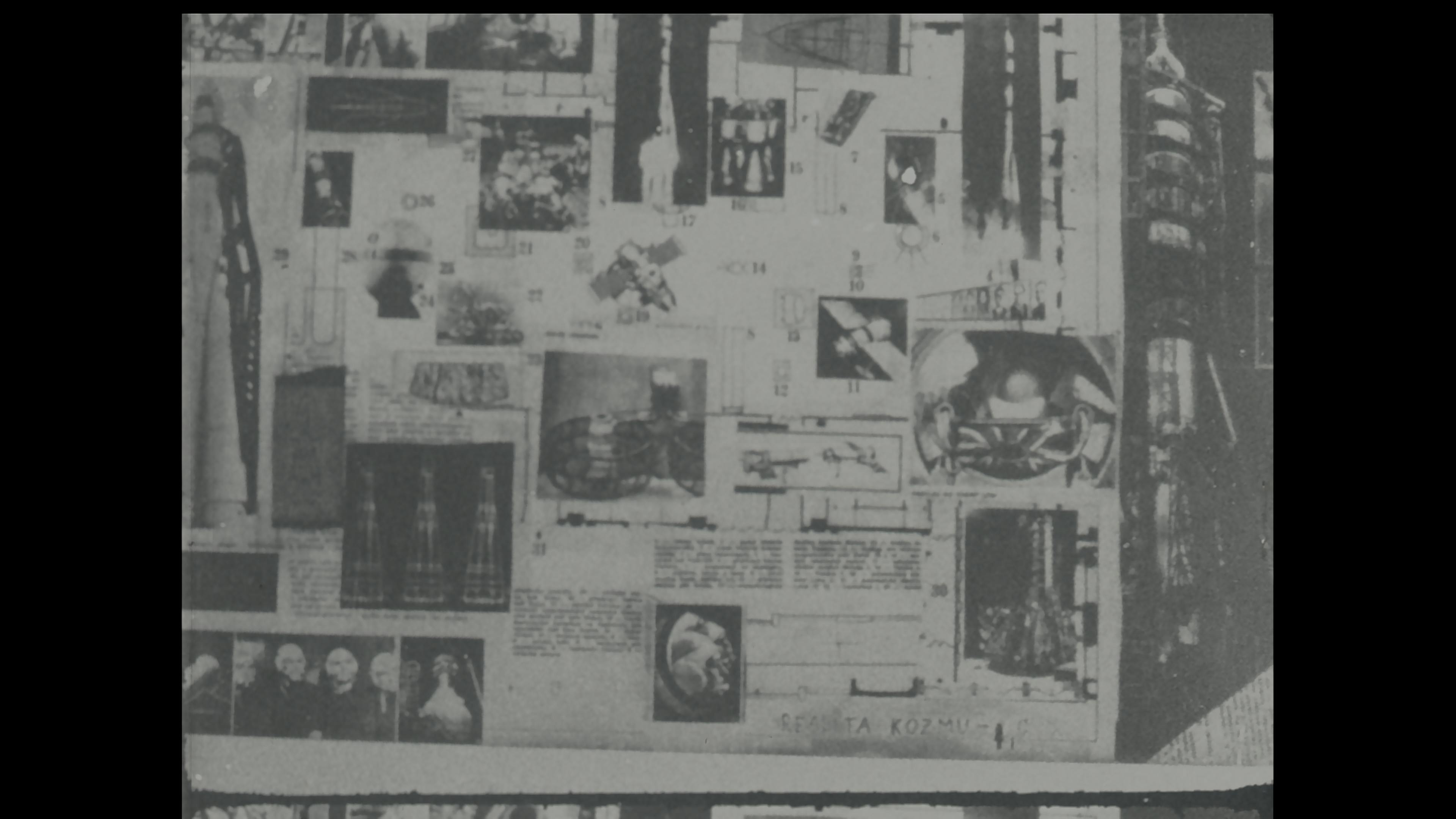 Black-and-white film still of collage