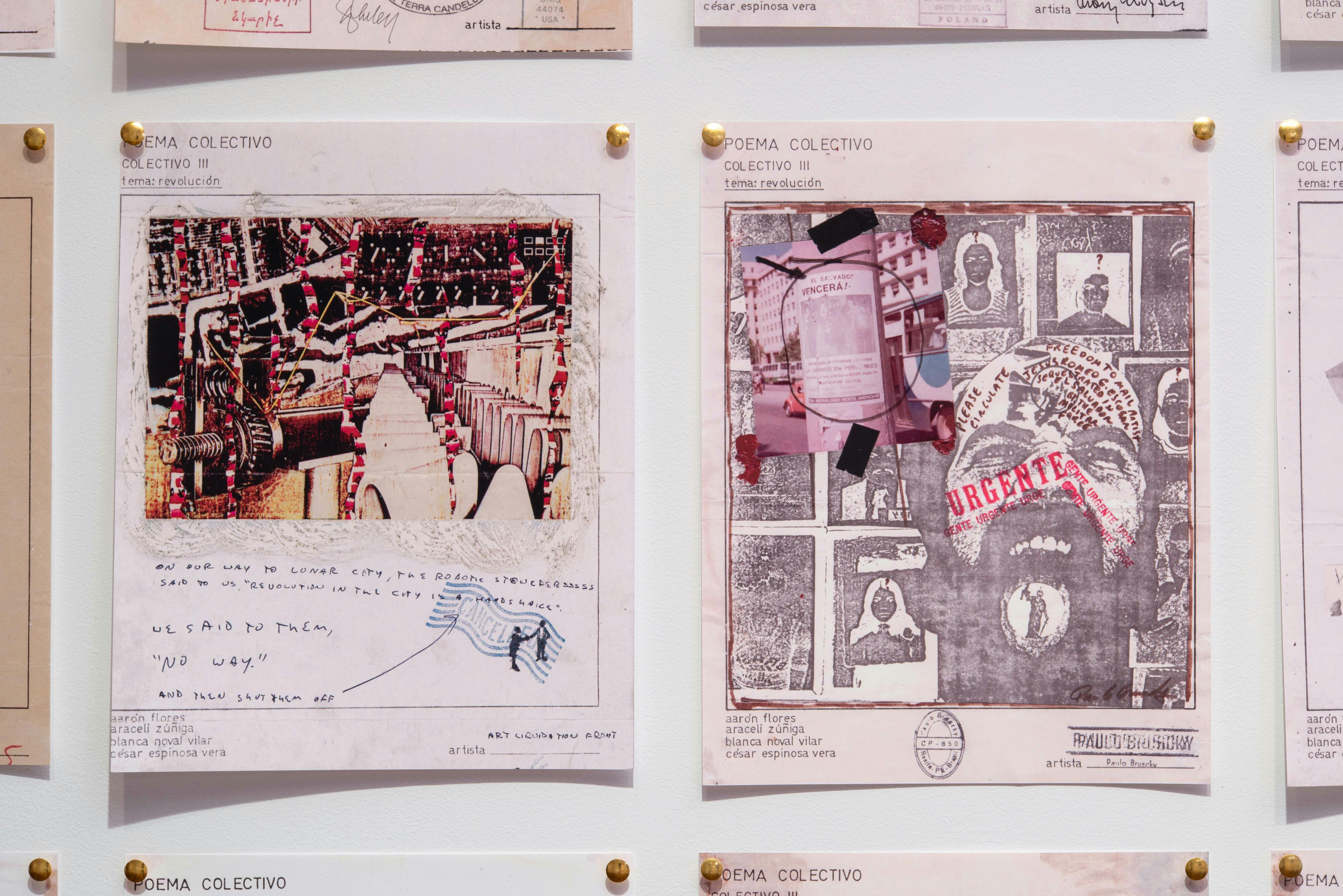 Close up view of two collages in the Poema Colectivo Revolución exhibition.