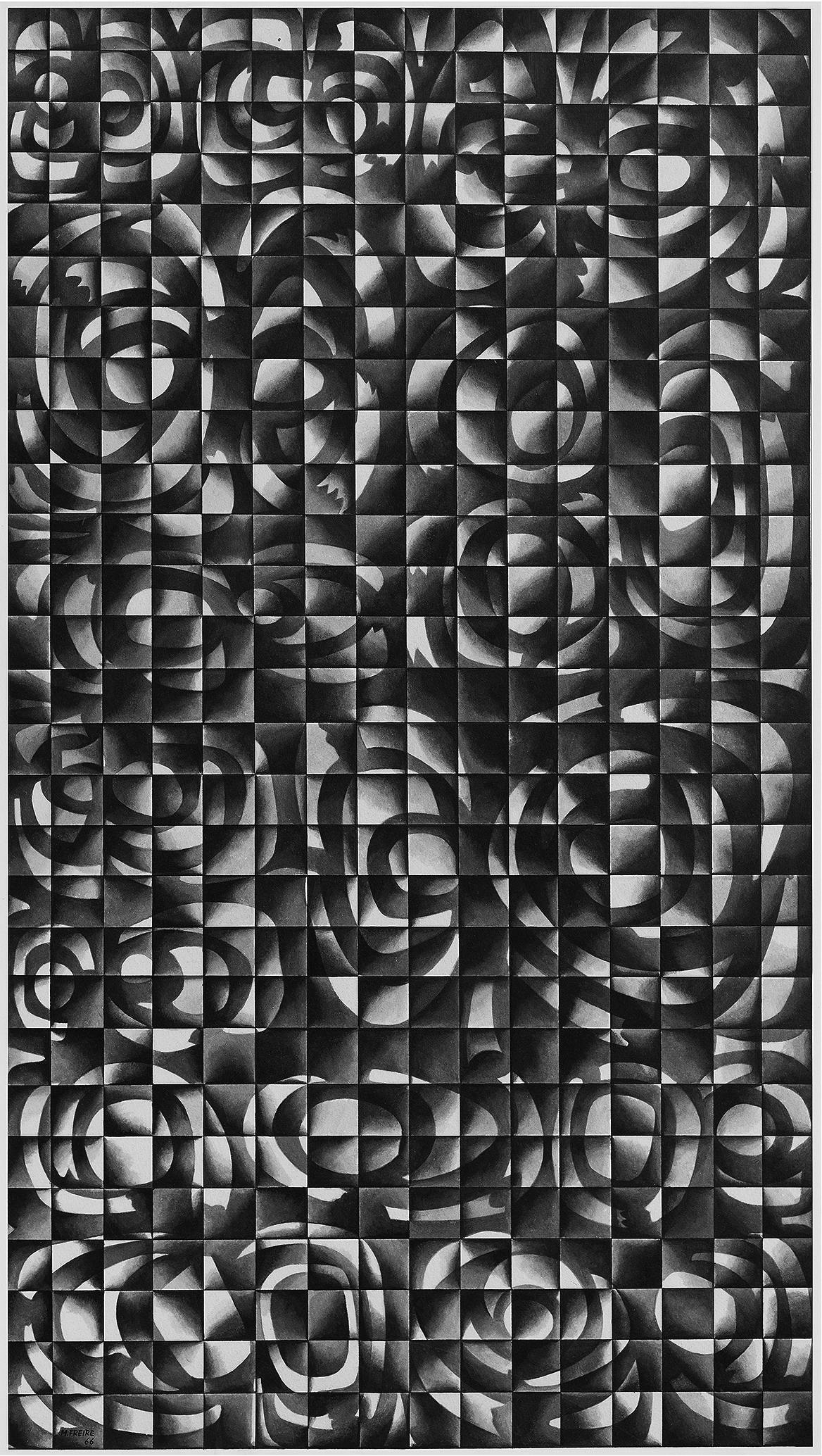 A grayscale painting of abstract, circular forms in a grid.