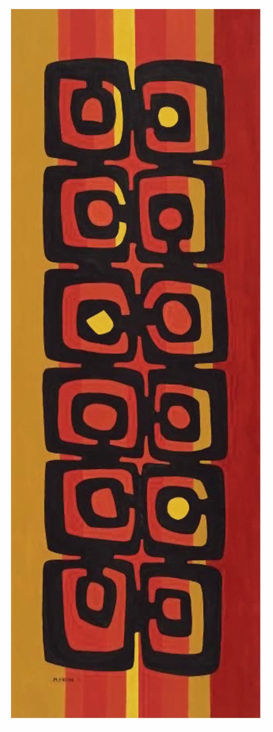 A rectangular painting of red, orange, and yellow stripes with abstract shapes painted in black.