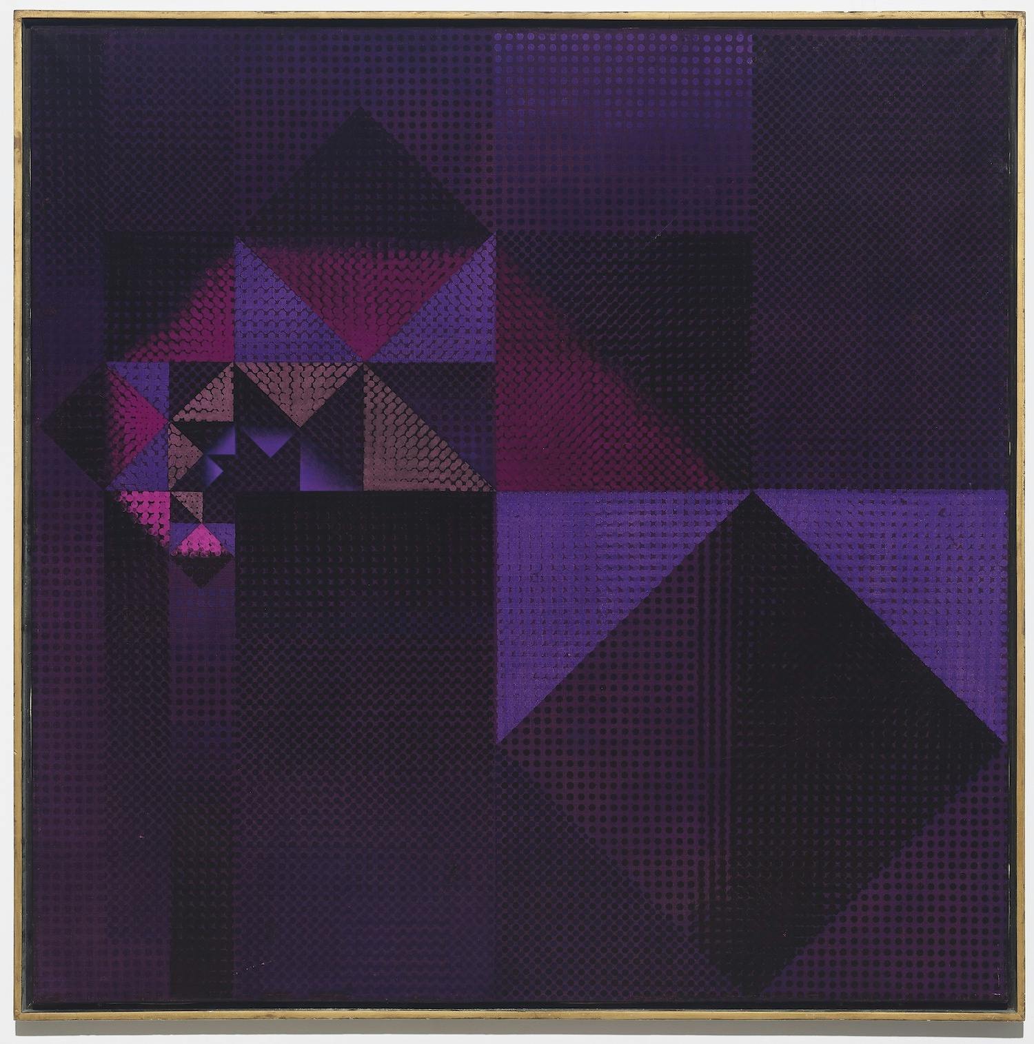 Painting by José Antonio Fernández-Muro of a spiral composed of geometric shapes of a purple hue.