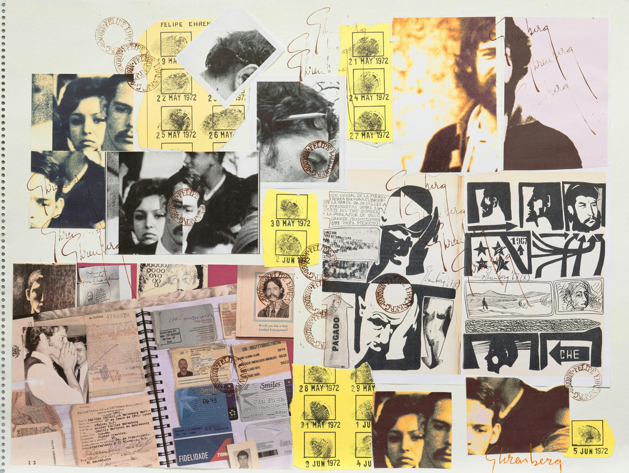 A collage showing fragments of official documents and photos, overlaid with stamps.