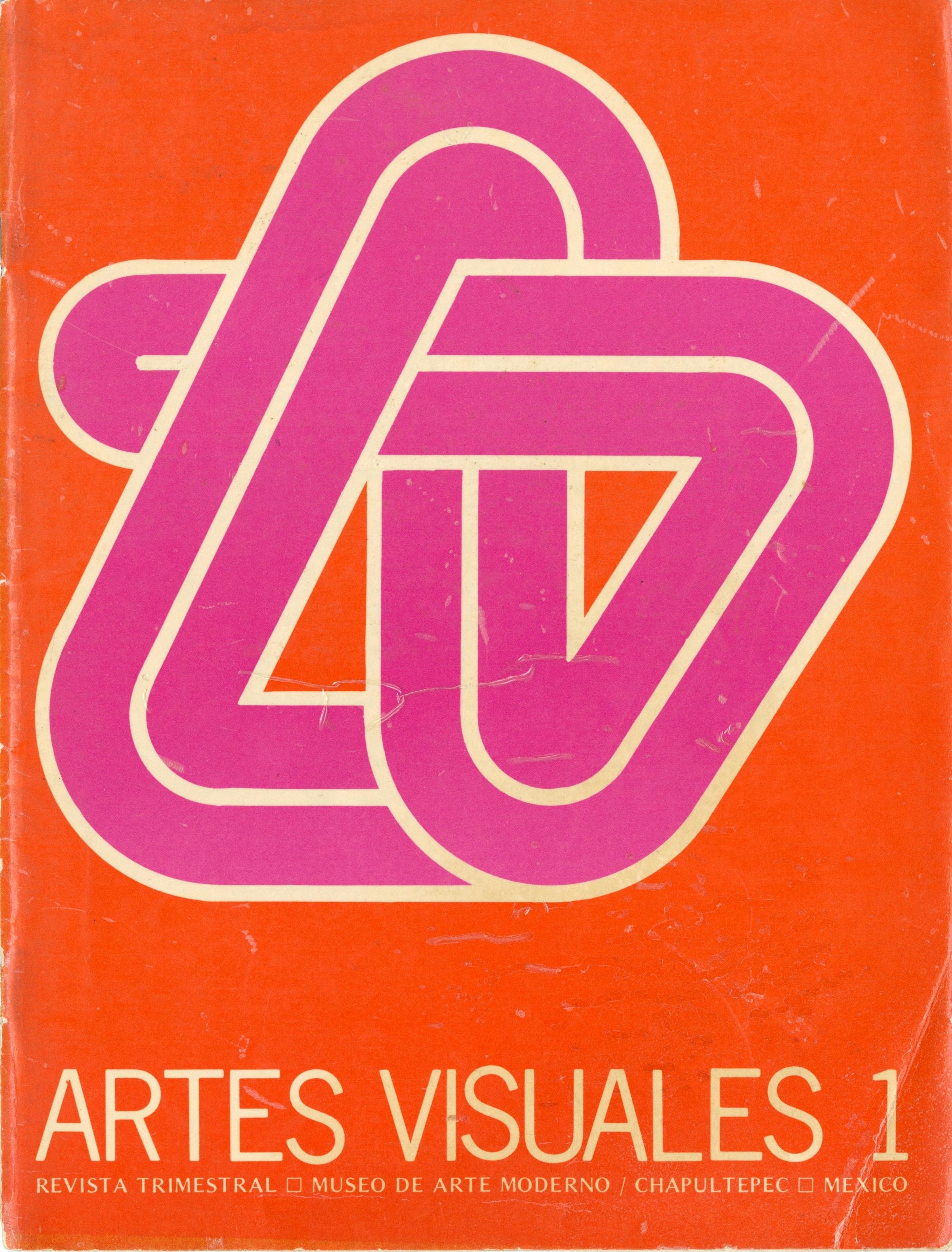 Magazine cover with geometric design in pink over orange background
