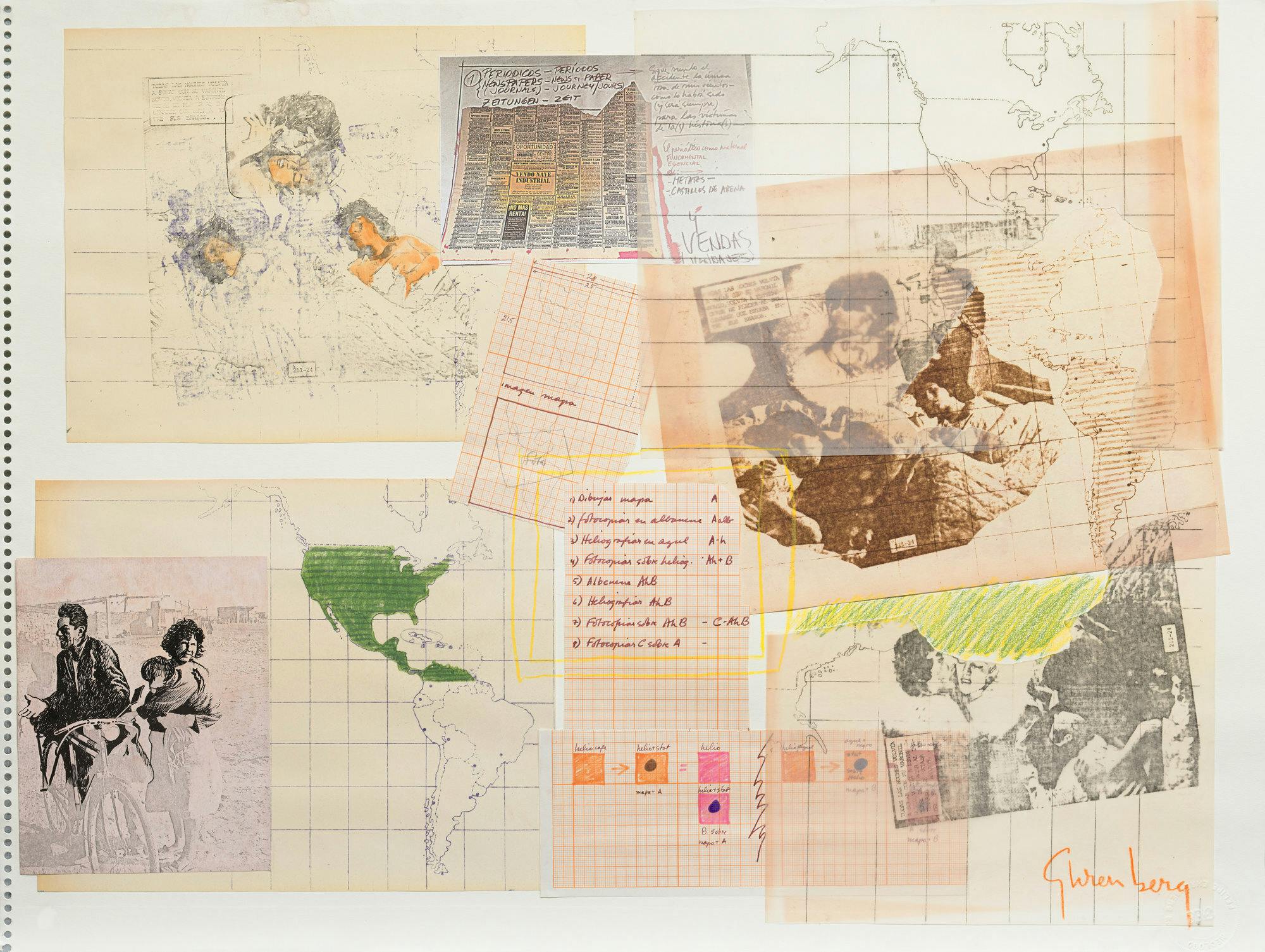A collage showing fragments of maps with images and drawings of figures.