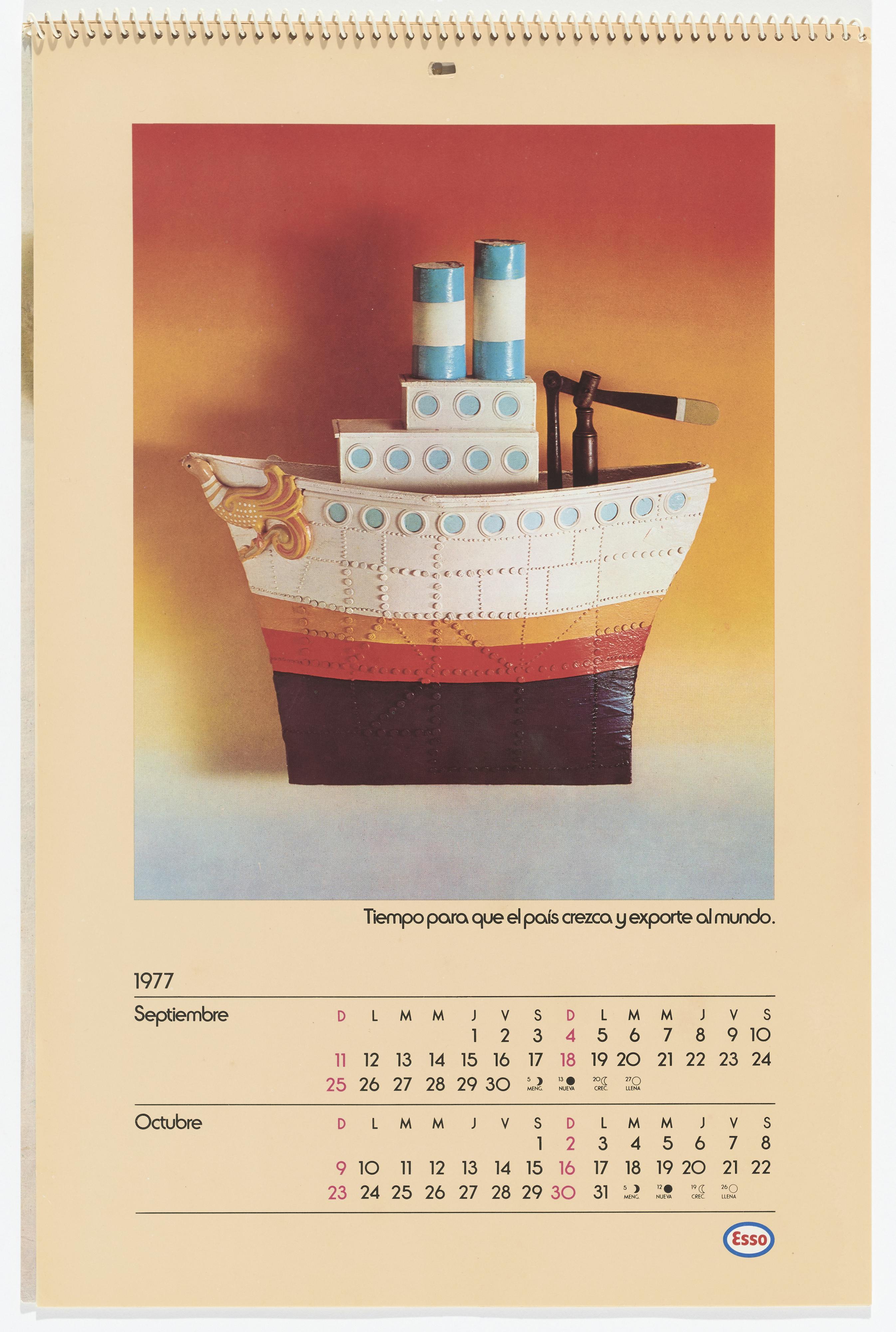A bright-orange page of a spiral-bound calendar, which holds in its upper section a picture of a toy boat against an abstracted orange-and-blue background. The boat is a steamliner, with blue-and-white striped smokestacks, bright blue portholes, and a figurehead of a bright orange bird. Below the picture, on the right, a caption reads: “Tiempo para que el país crezca y exporte al mundo.” In the lower quarter of the sheet, the calendar days are arranged in biweekly rows for September and October 1977. In the lower right corner of the calendar sheet is the Esso company logo: a white oval outlined in blue with the word "Esso" printed in red within it.