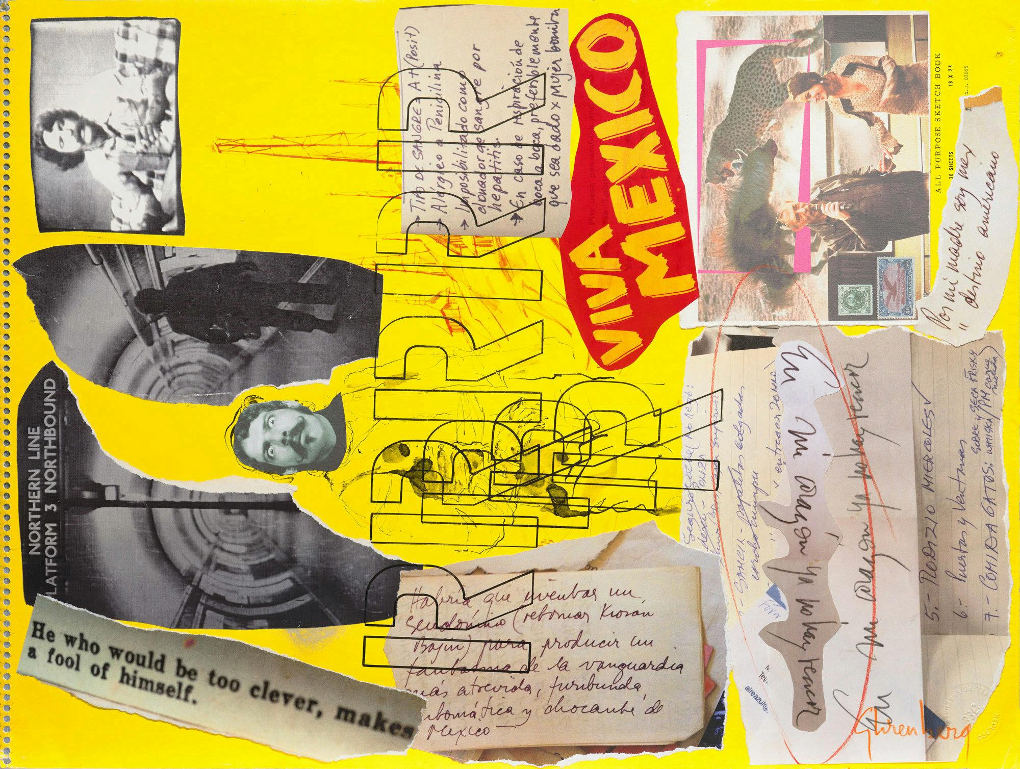 A collage showing fragments of news clippings and photos, overlaid with handwritten and stenciled text.