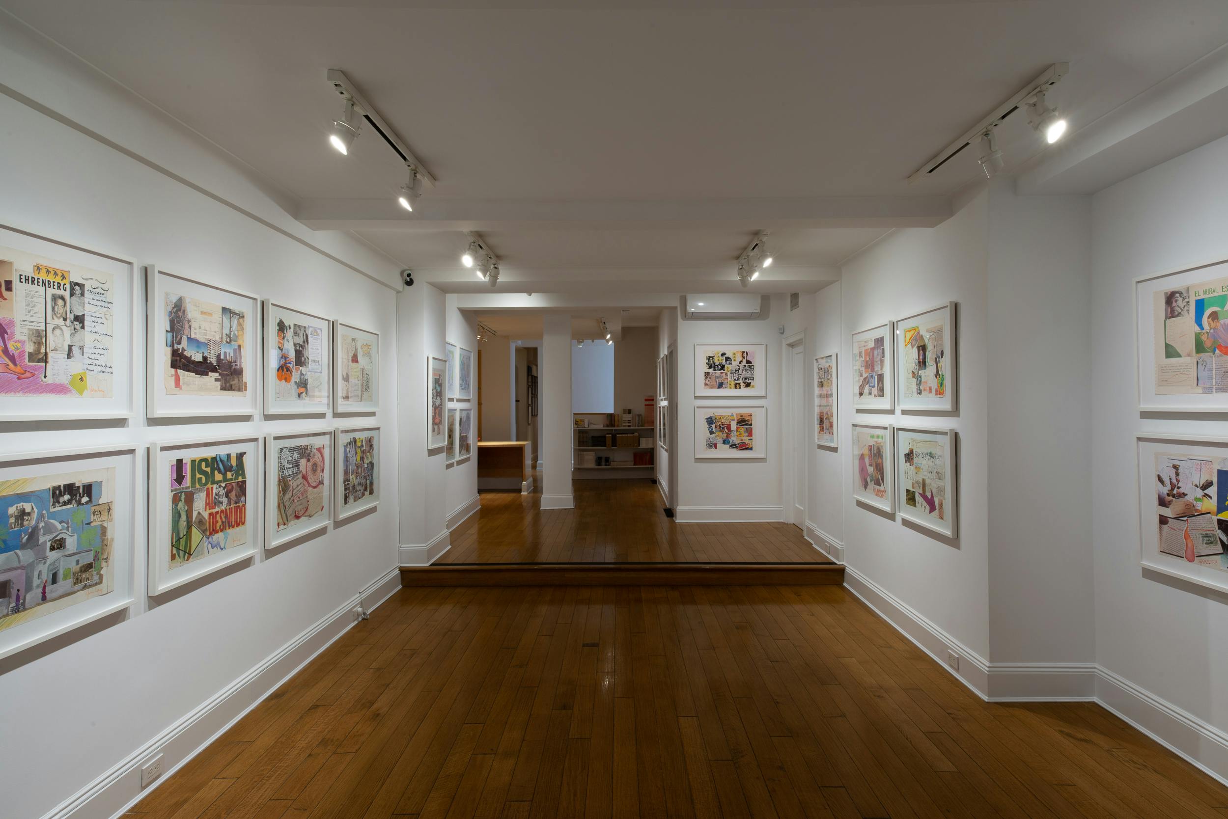 Centered view of ISLAA's gallery featuring wall-mounted, framed works for the exhibition Felipe Ehrenberg: Testamento.