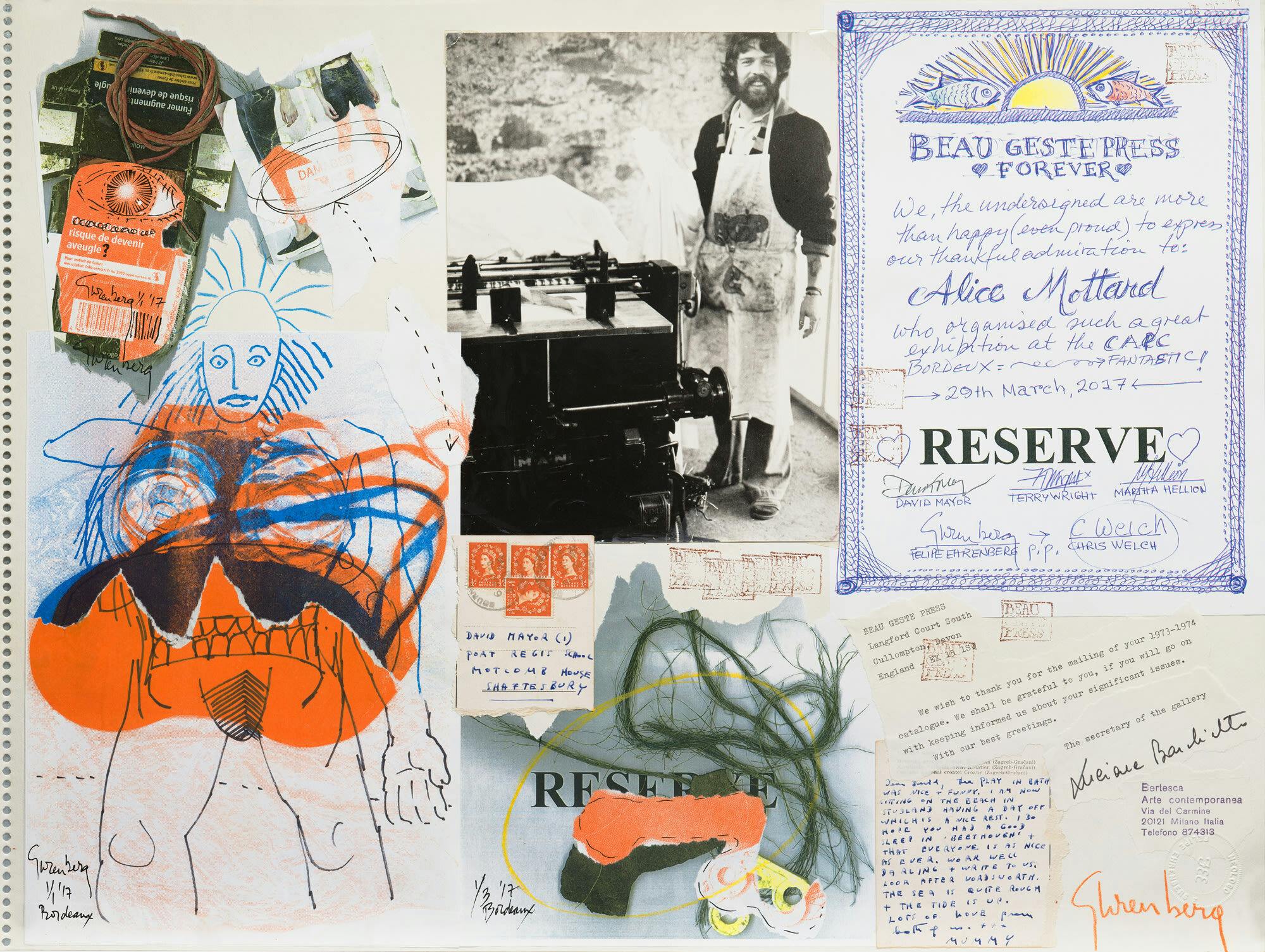 A collage showing fragments of drawings, letters and photos, overlaid with handwritten text.