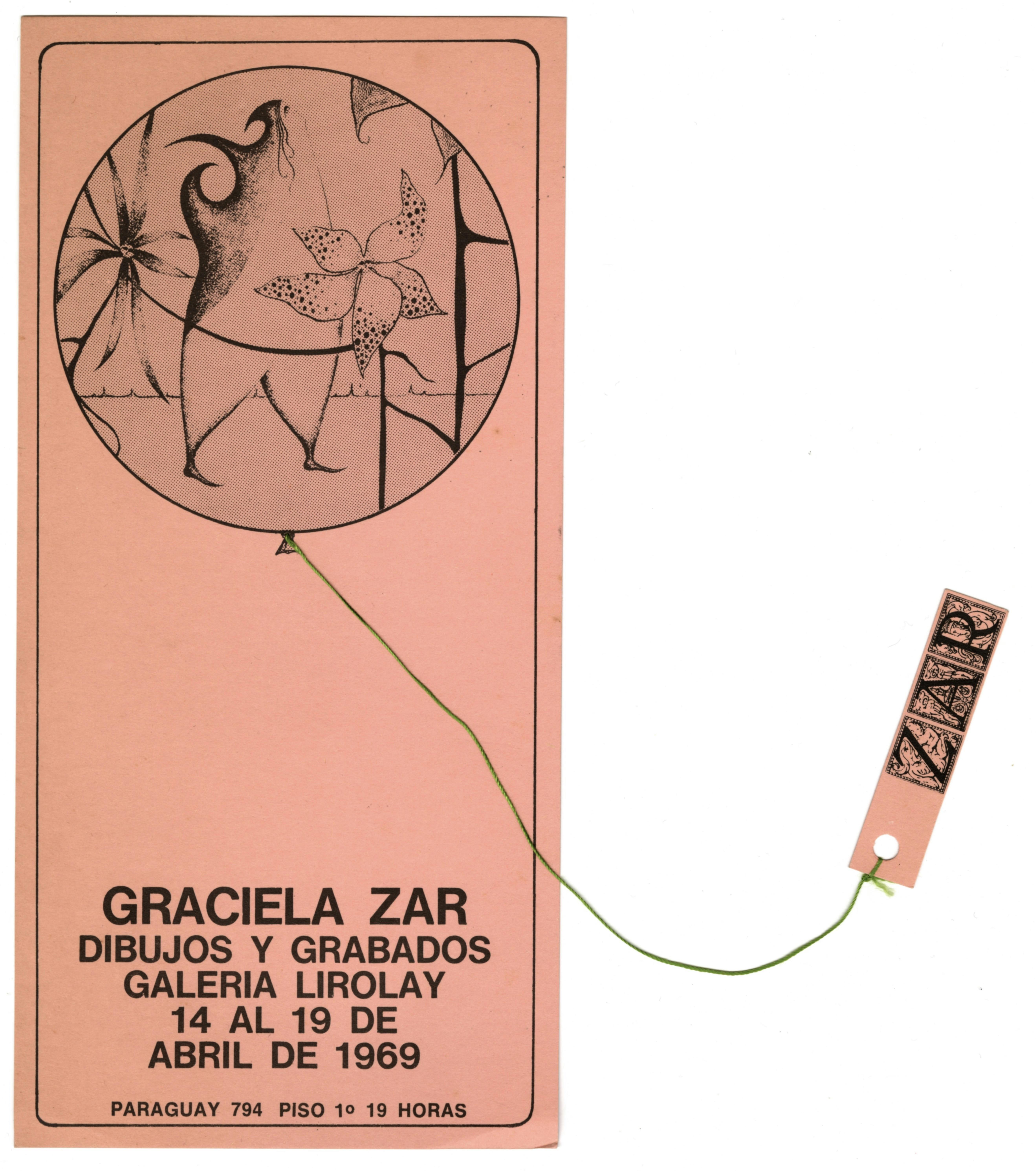 A vertical pink postcard printed with black images and text. In the upper half of the card there is a circular outline of a balloon, containing anthropomorphic floral drawings. A green thread emerges from the bottom center of the balloon, the other end of which is tethered via a hole-punch to a small rectangular piece of paper with the artist’s name printed in serif letters. These letters are set in tile-like frames with minute illustrations of figures. At the bottom of the postcard is printed the exhibition’s title, dates, and address.