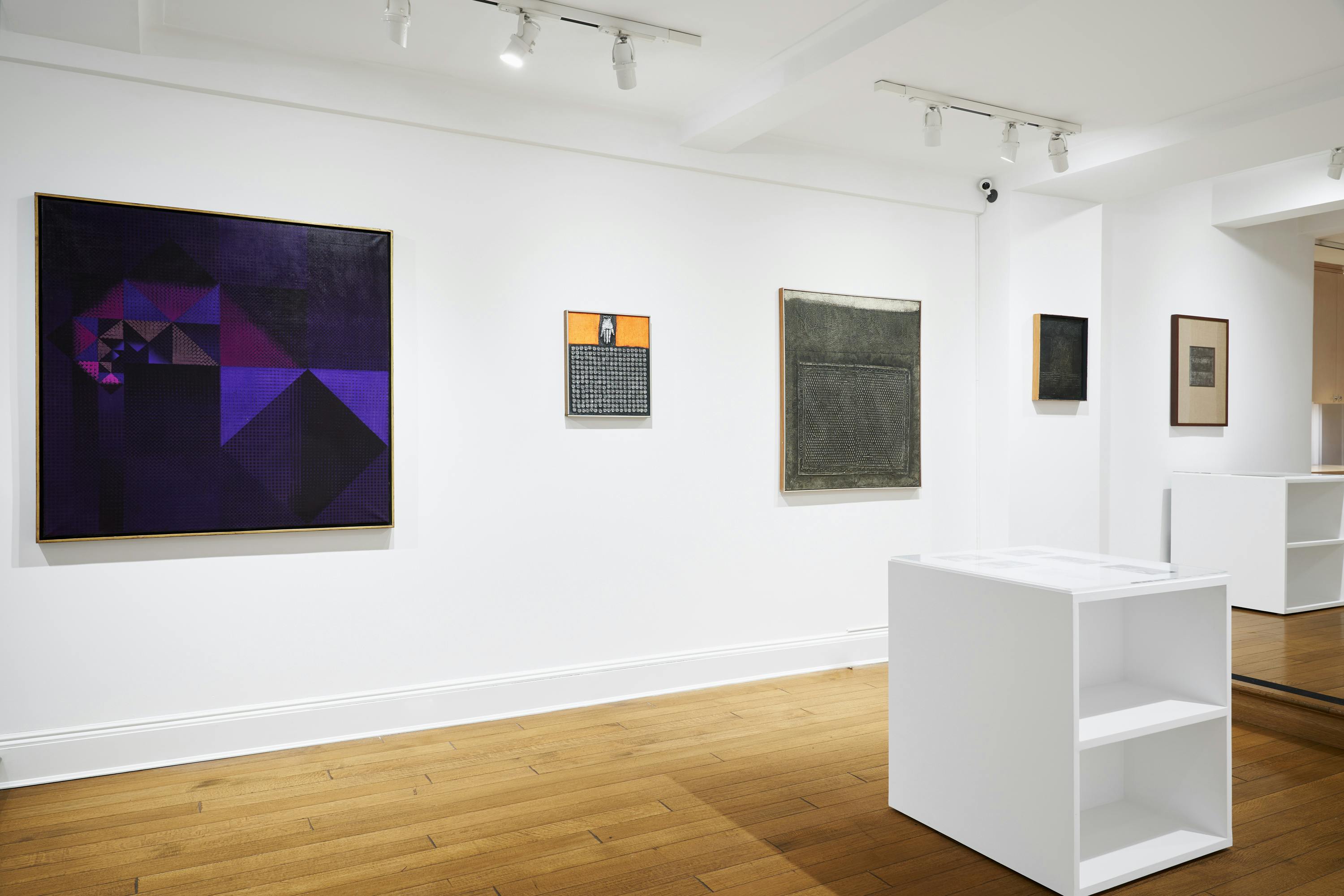 Installation view of five paintings by José Antonio Fernández-Muro and two vitrines.