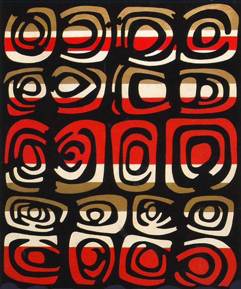 A painting of abstract circular forms in a grid with the colors brown, red, light yellow, and black.