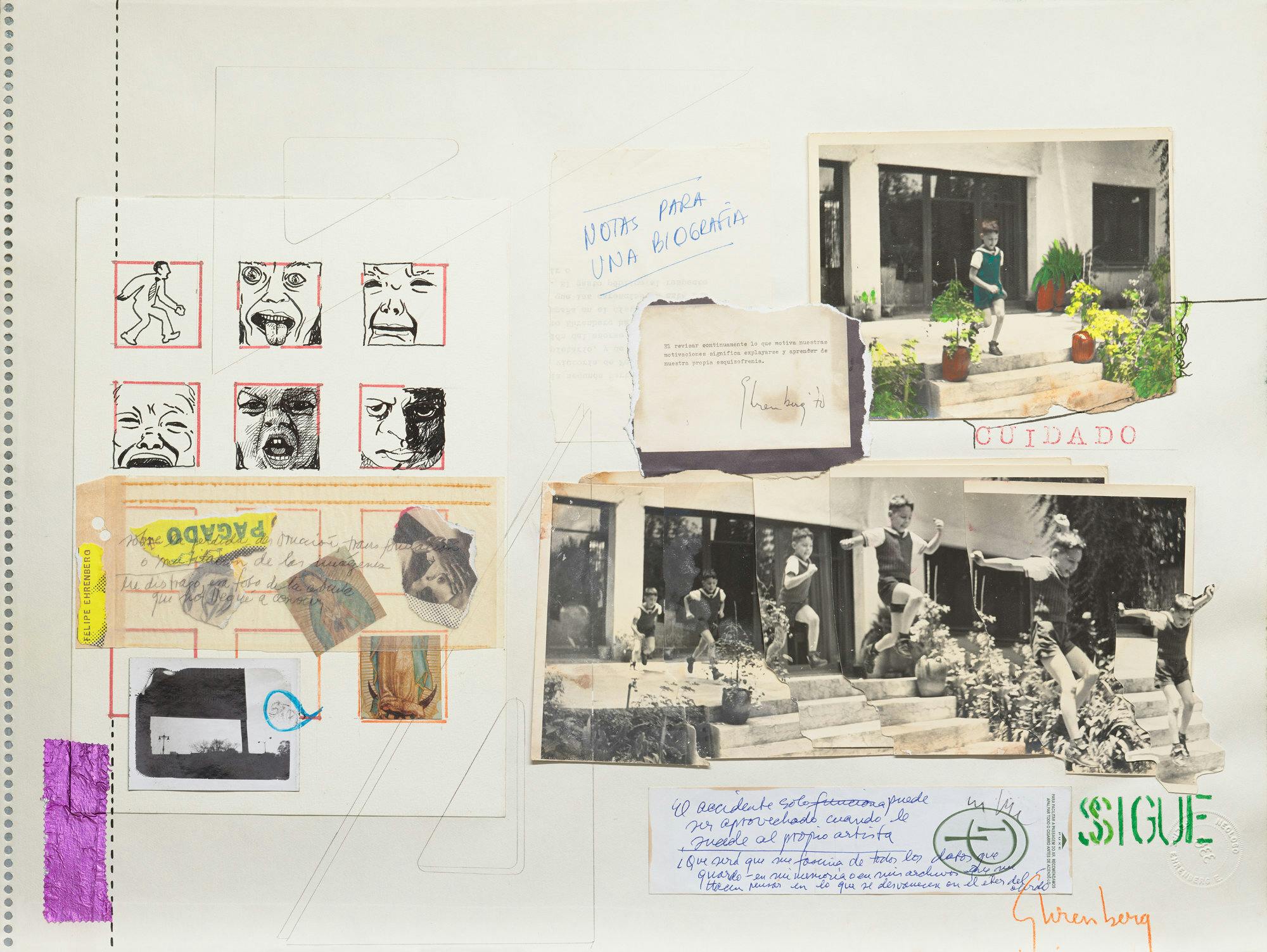 A collage showing black and white images of children, handwritten notes, and figure drawings.
