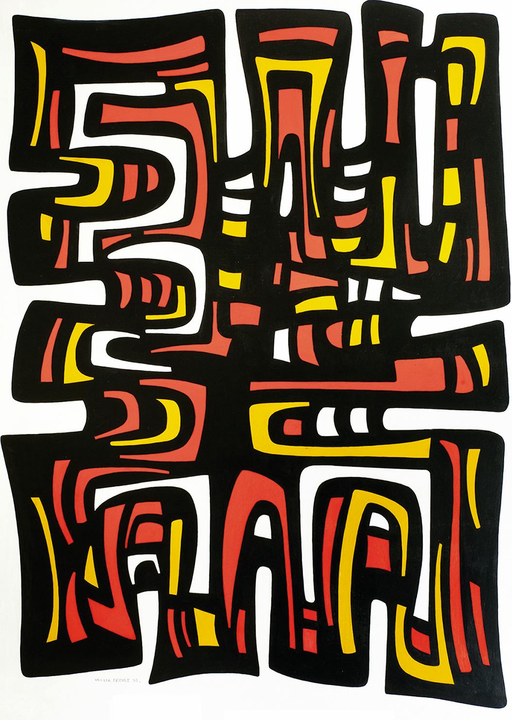 An undulating abstract shape of red, orange, yellow, and black.