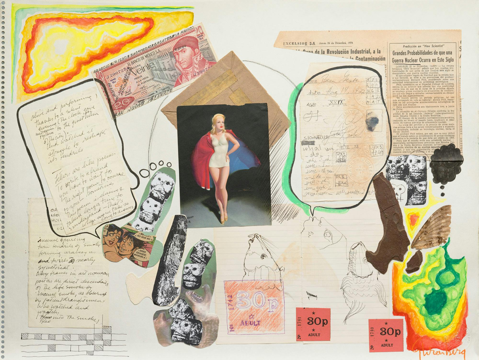 A collage showing fragments of newspaper clippings, currency, and photographs, overlaid with drawings.