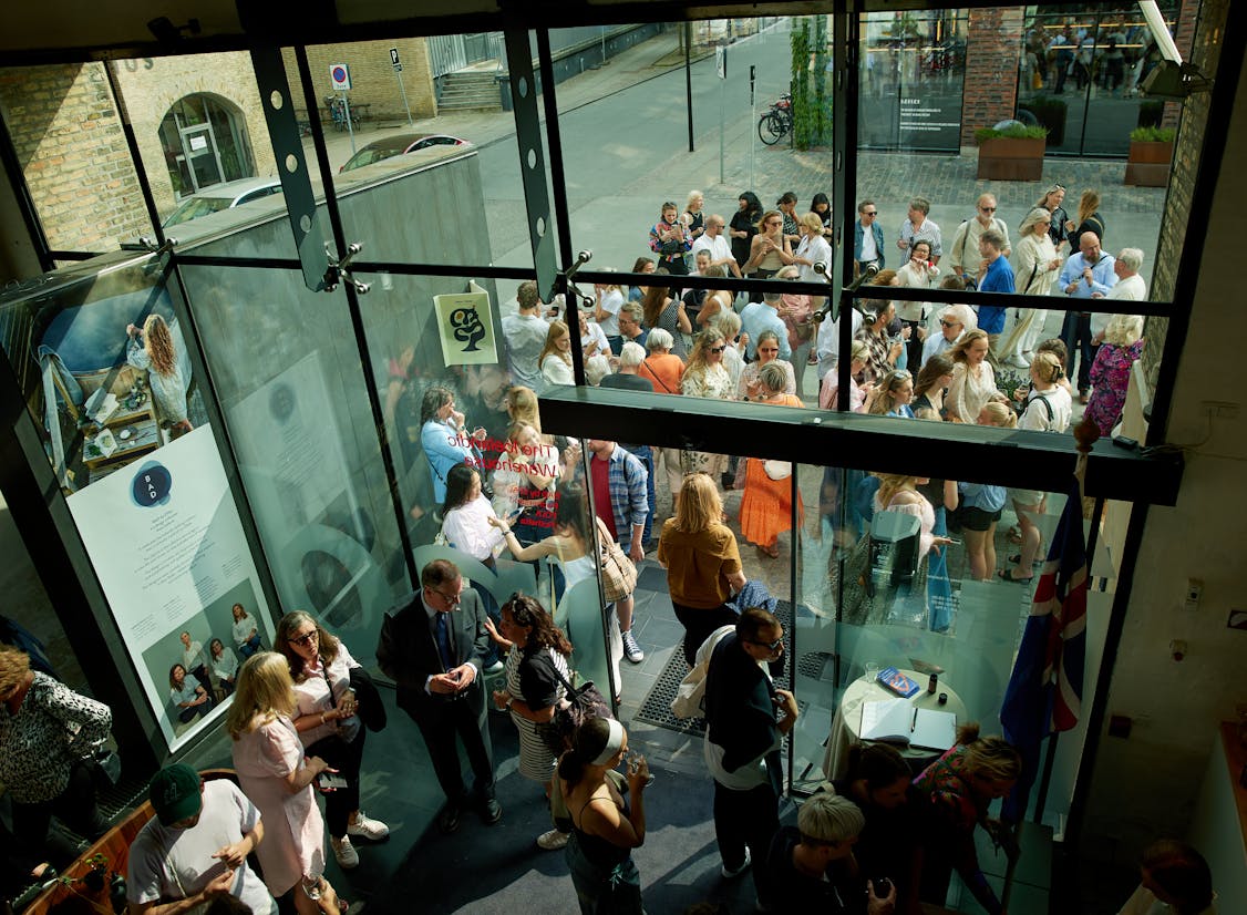 Crowd gathered inside and outside the Icelandic Embassy in Copenhagen during the Icelandic Warehouse exhibition at 3daysofdesign 2025.