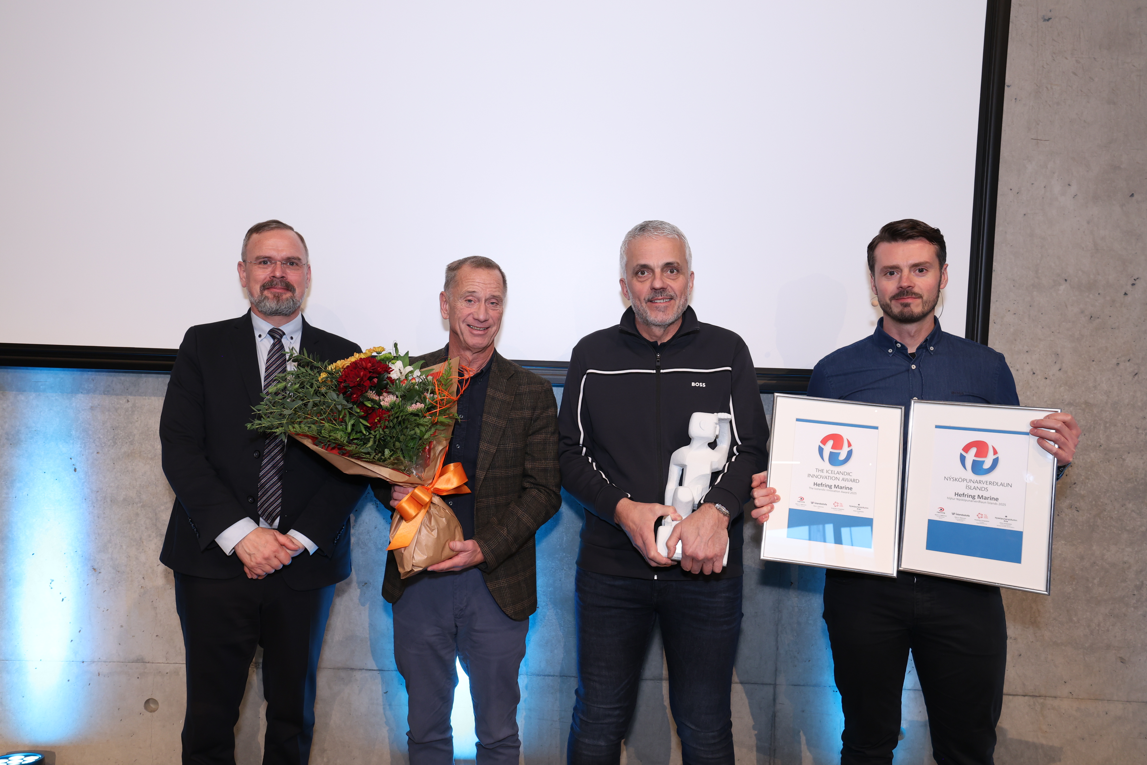 Daði Már Kristófersson, Minister of Finance and Economic Affairs, together with Magnús Þór Jónsson, Björn Jónsson, and Karl Birgir Björnsson, founders of Hefring Marine.
