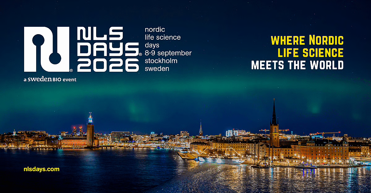 Nordic Life Science Days 2026 banner, Stokkhólmur að kvöldi til með norðurljós á himni 