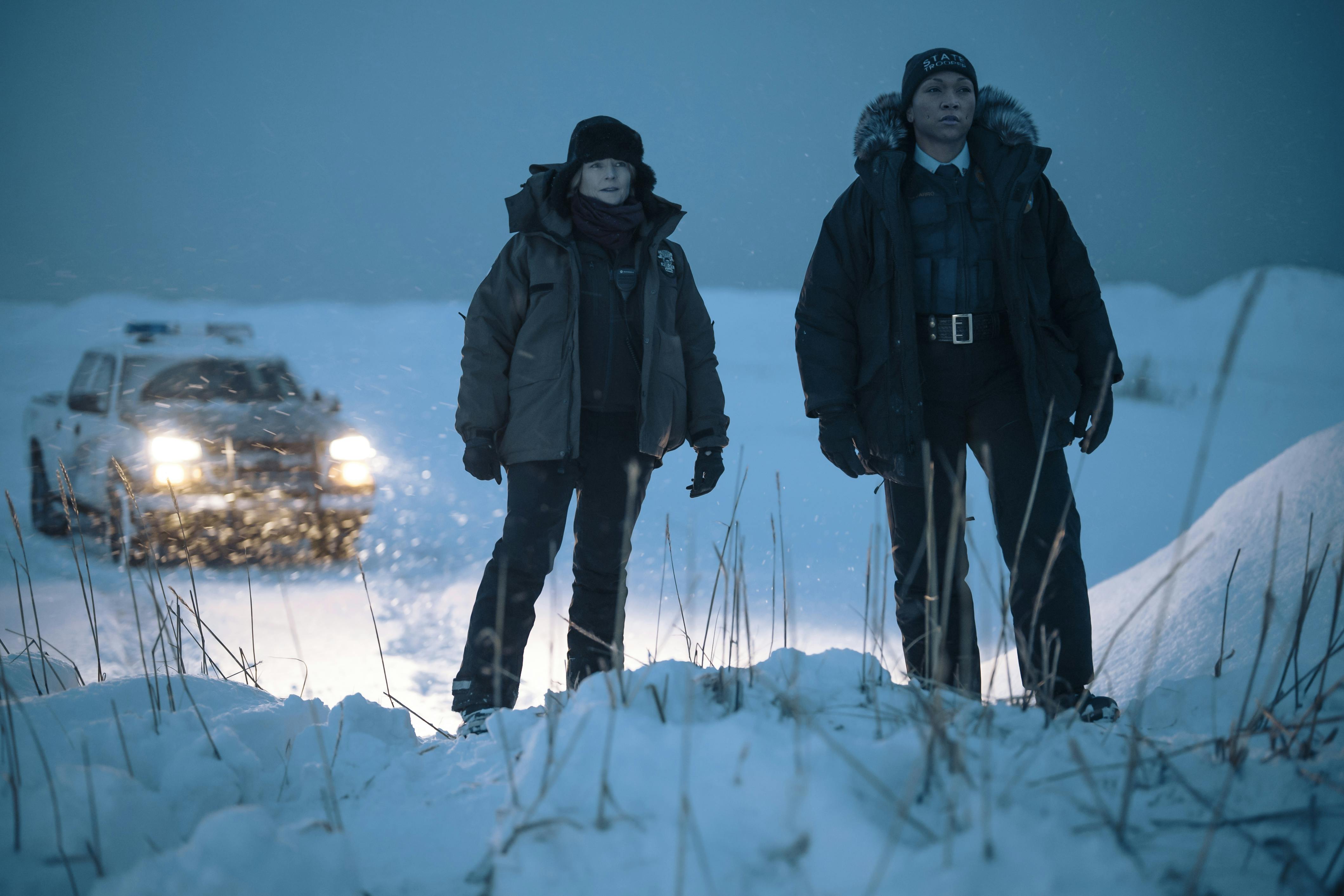 A still image of Jodie Foster and Kali Reis from the filming of True Detective: Night Country in Iceland.