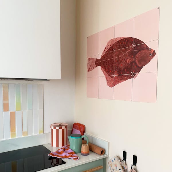 Colorful kitchen with pink green and blue details Red and pink fish wall decoration