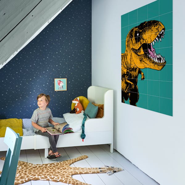 Kids room boy with stars and t-rex