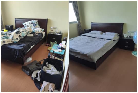 原先臥室地板堆置東西，並無行走空間，經過整理，變得整齊又煥然一新